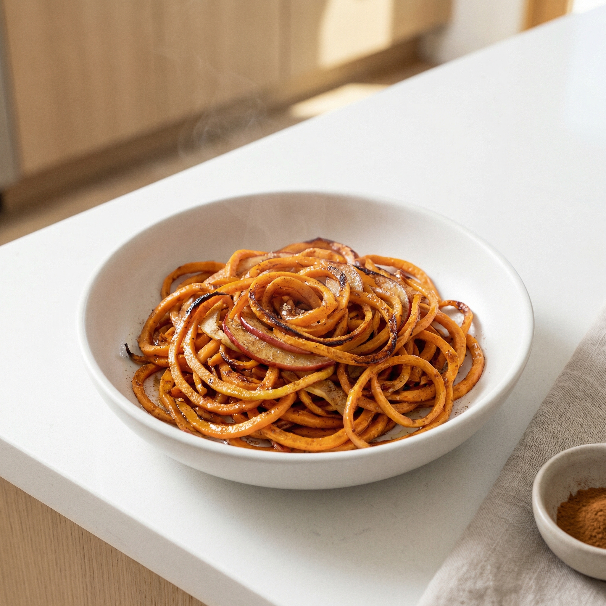 Roasted Vanilla-Spiced Spiral Sweet Potatoes with Apples
