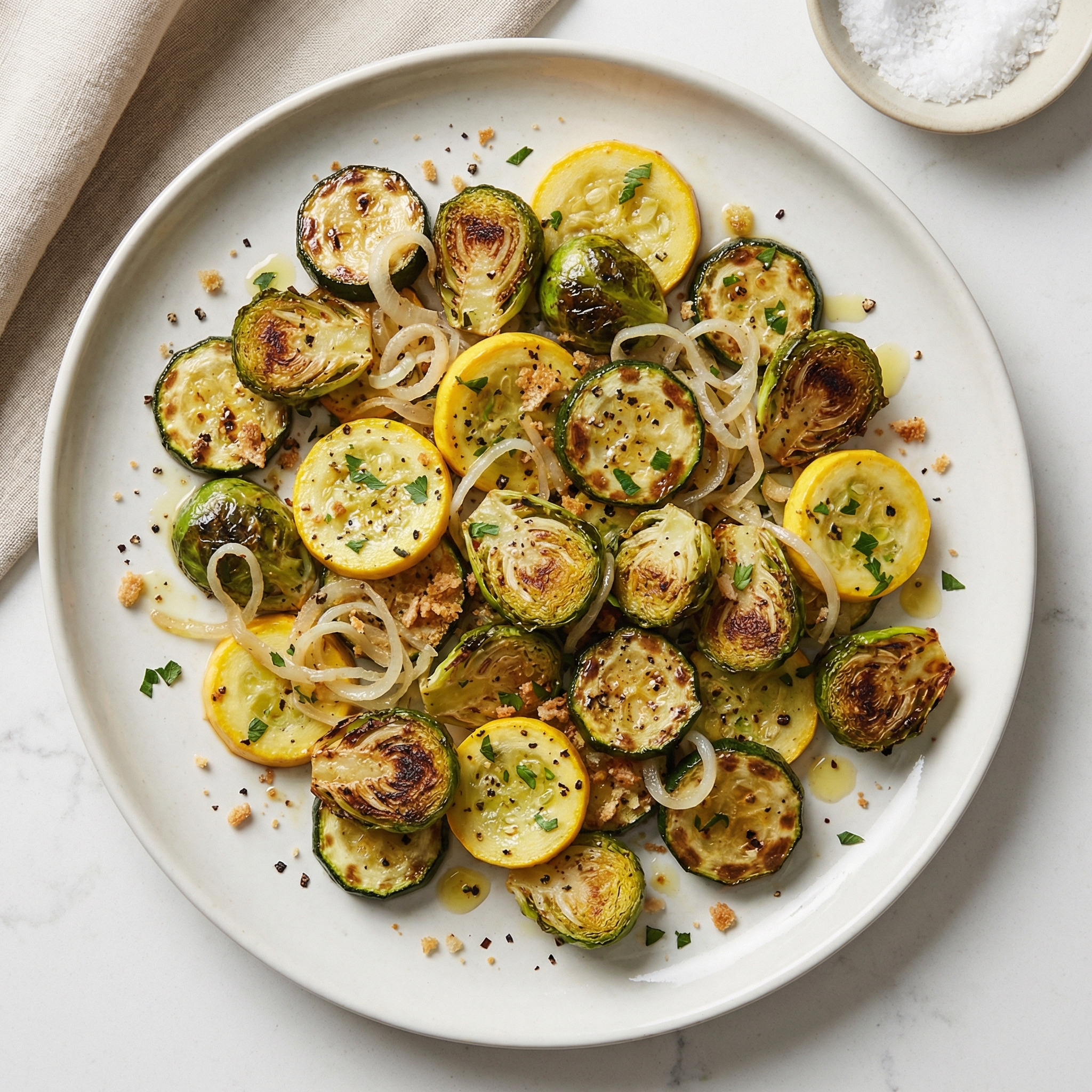 Oven-Roasted Zucchini, Summer Squash, and Brussels Sprouts Medley