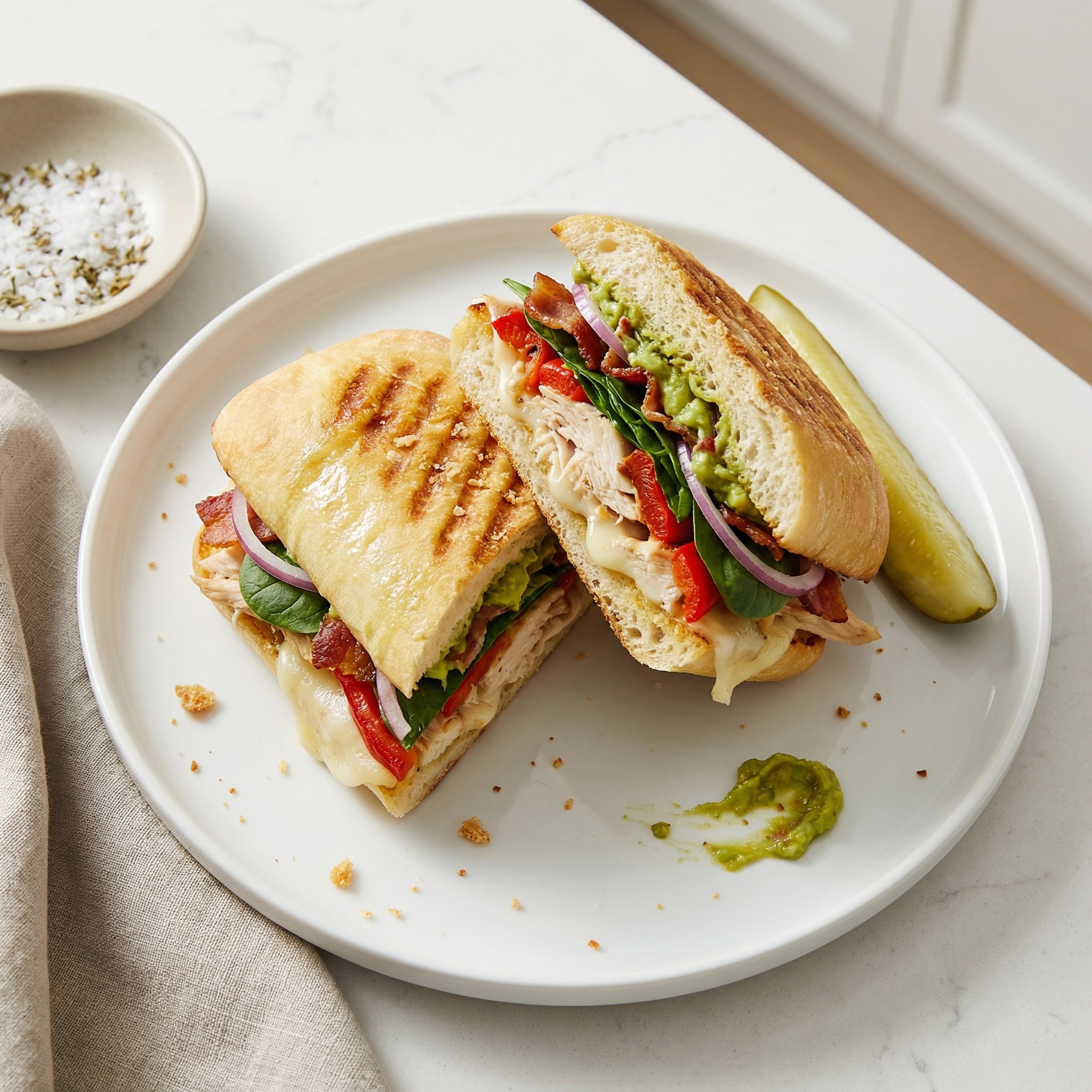 Chicken Panini with Roasted Red Pepper, Spinach, Bacon, and Guacamole