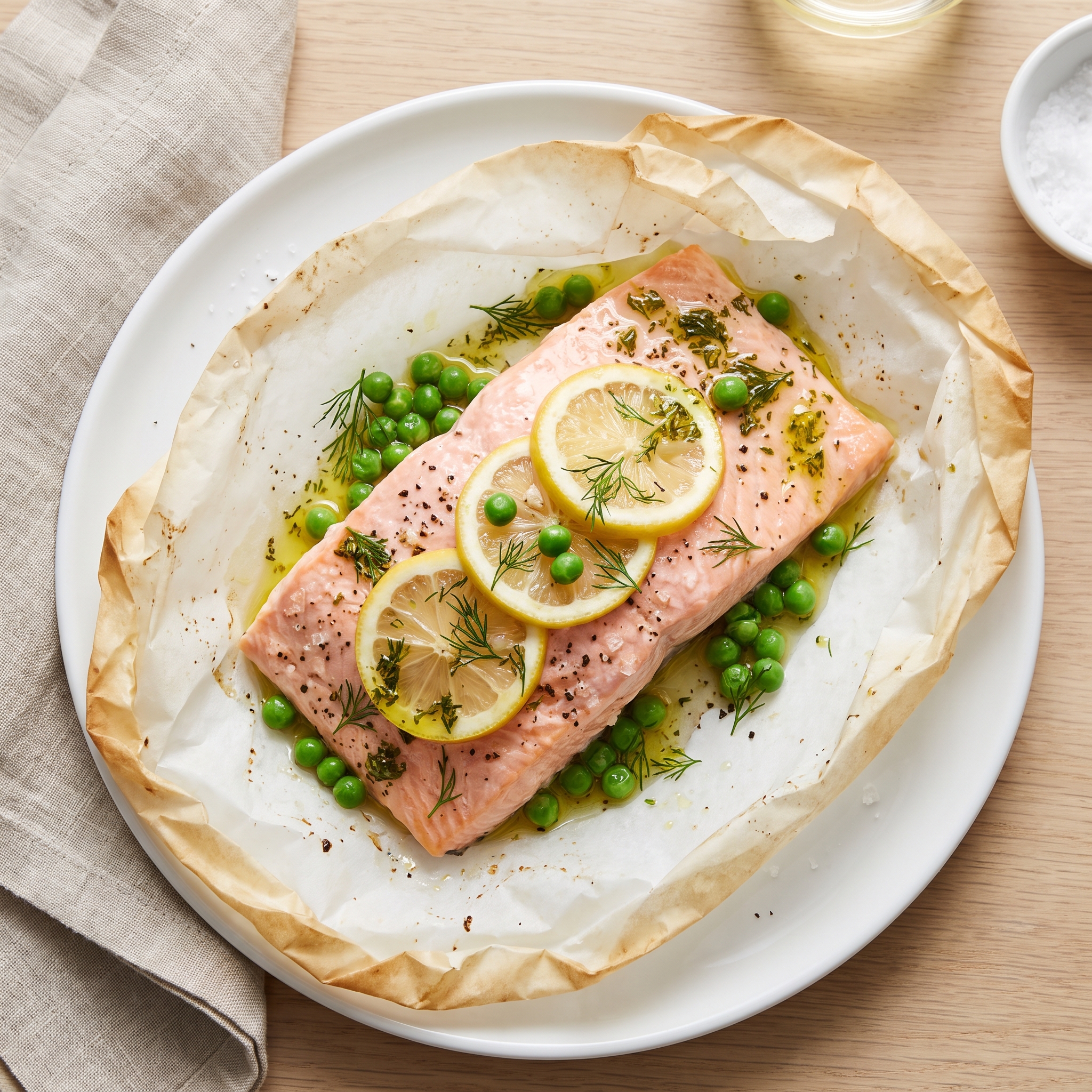 Salmon en Papillote with Peas, Garlic, and Lemon