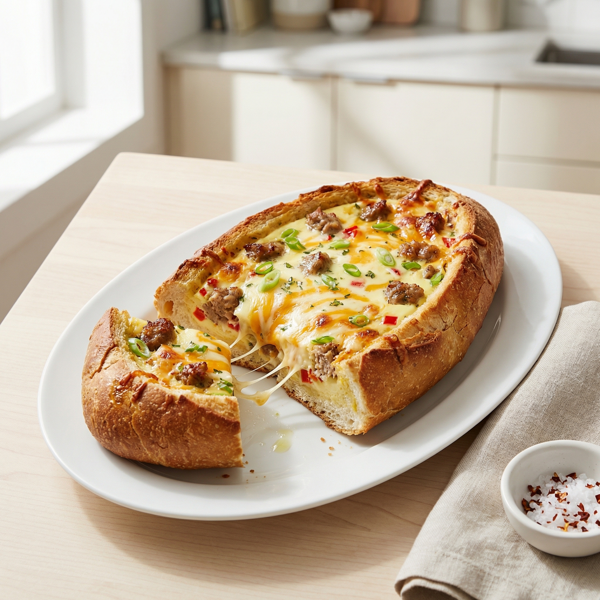 Cheesy Sausage Egg Bread Boats