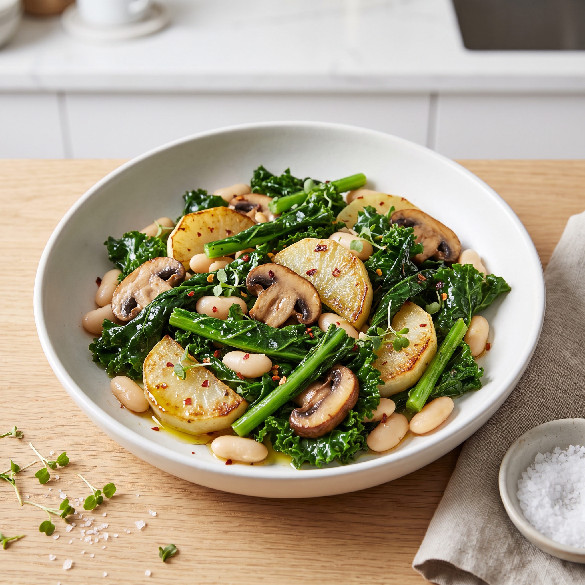 Sautéed Kohlrabi, Kale, Mushrooms, and Cannellini Beans