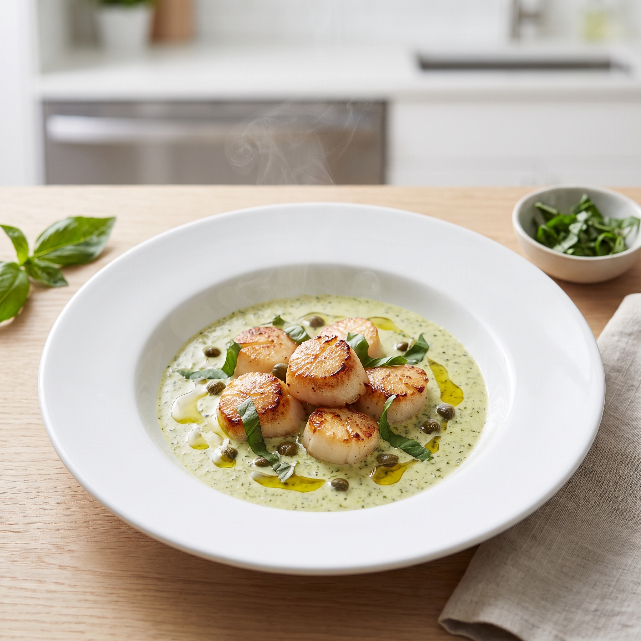 Seared Scallops in Pesto Cream