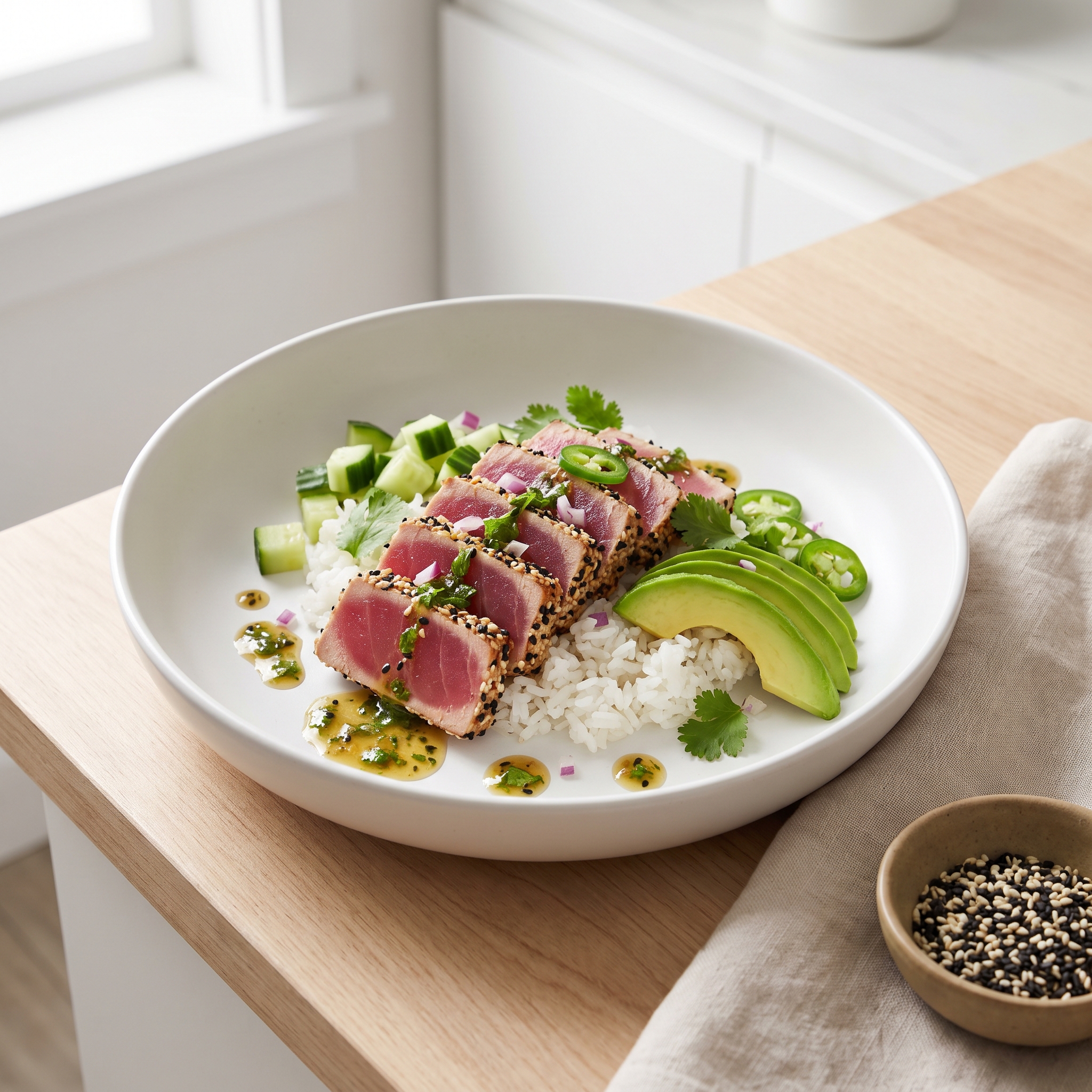 Seared Tuna Rice Bowl with Everything Bagel Crunch