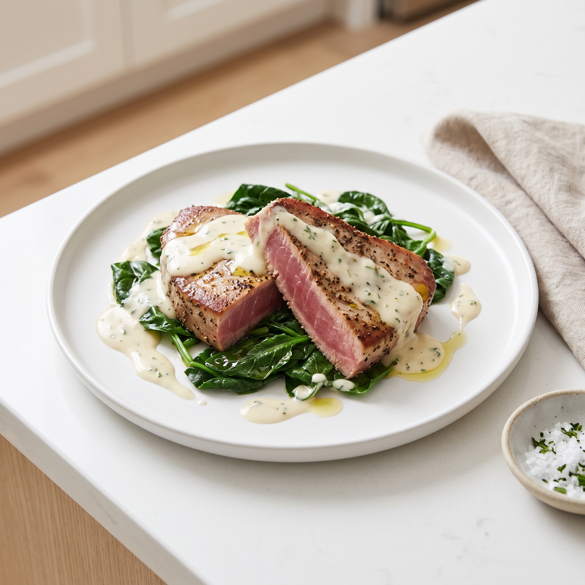 Seared Tuna Steaks with Creamy Garlic-Herb Sauce