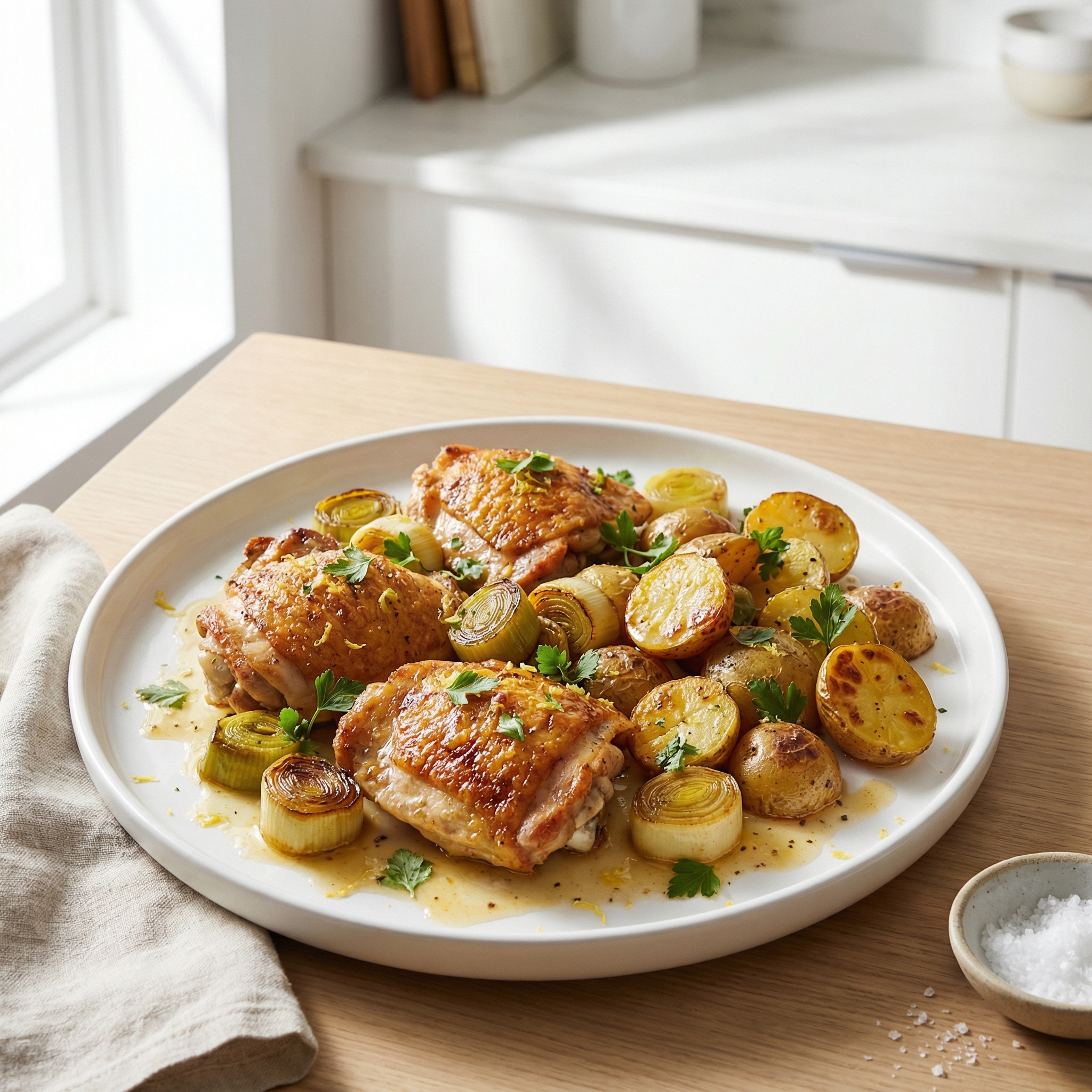 One-Pan Lemon Chicken Thighs with Potatoes and Leeks