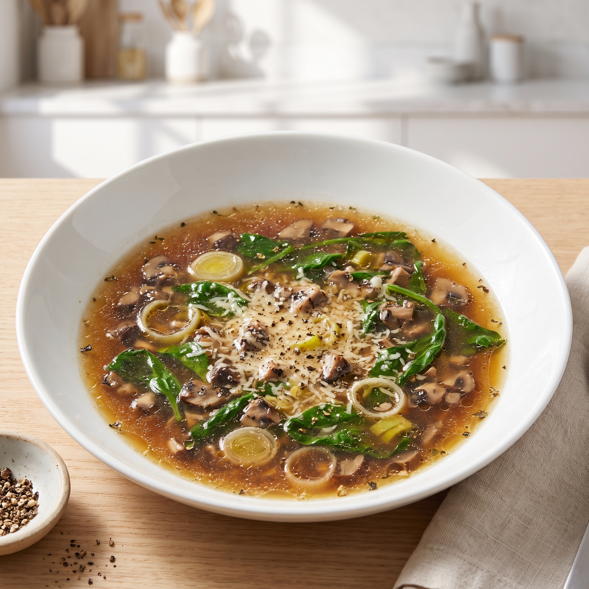 Sherried Mushroom and Spinach Soup with Leeks