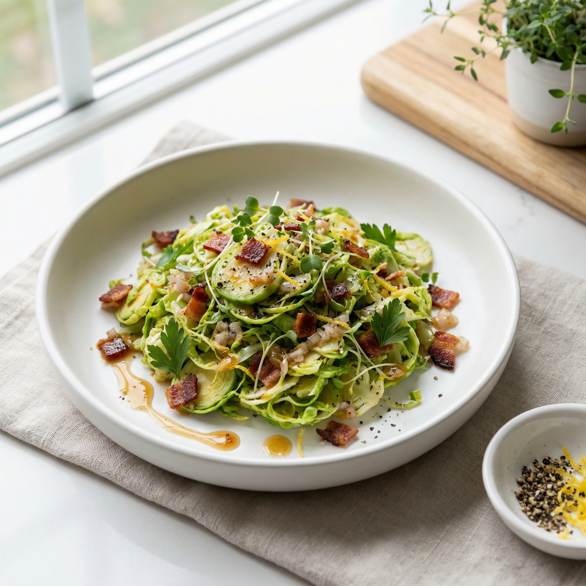 Shredded Brussels Sprouts with Warm Bacon Vinaigrette