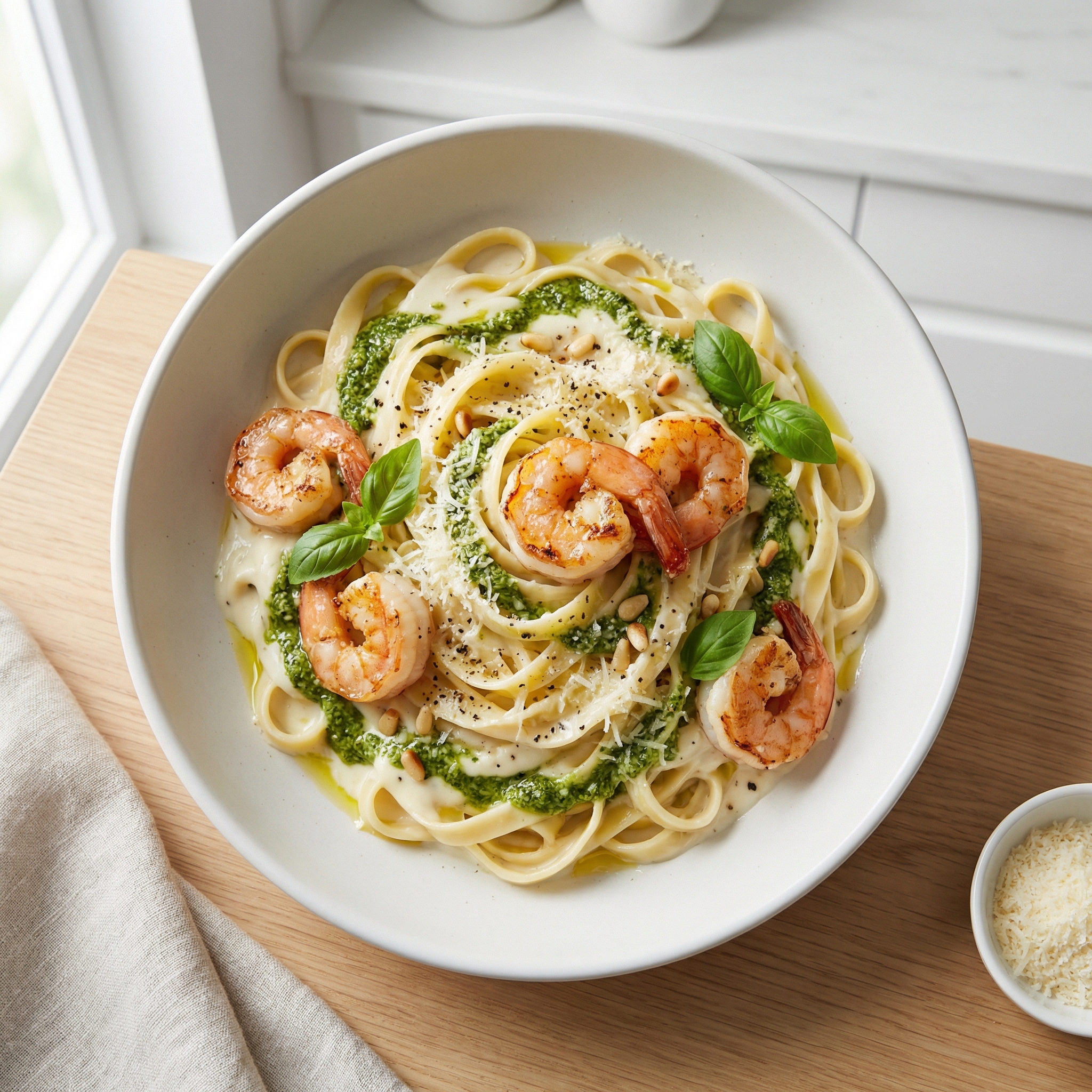 Speedy Shrimp Fettuccine in Pesto Alfredo