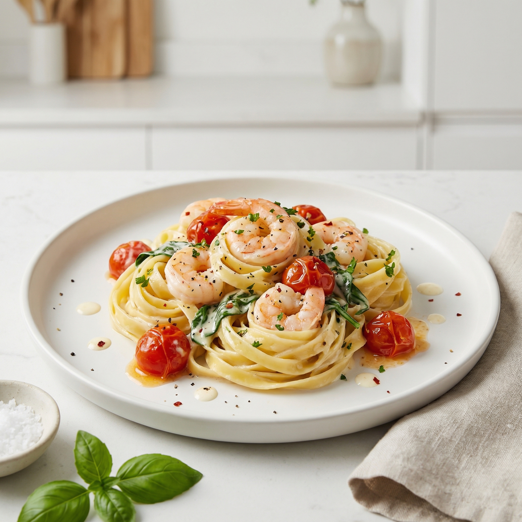 Fettuccine with Shrimp, Tomatoes, and Spinach Cream Sauce