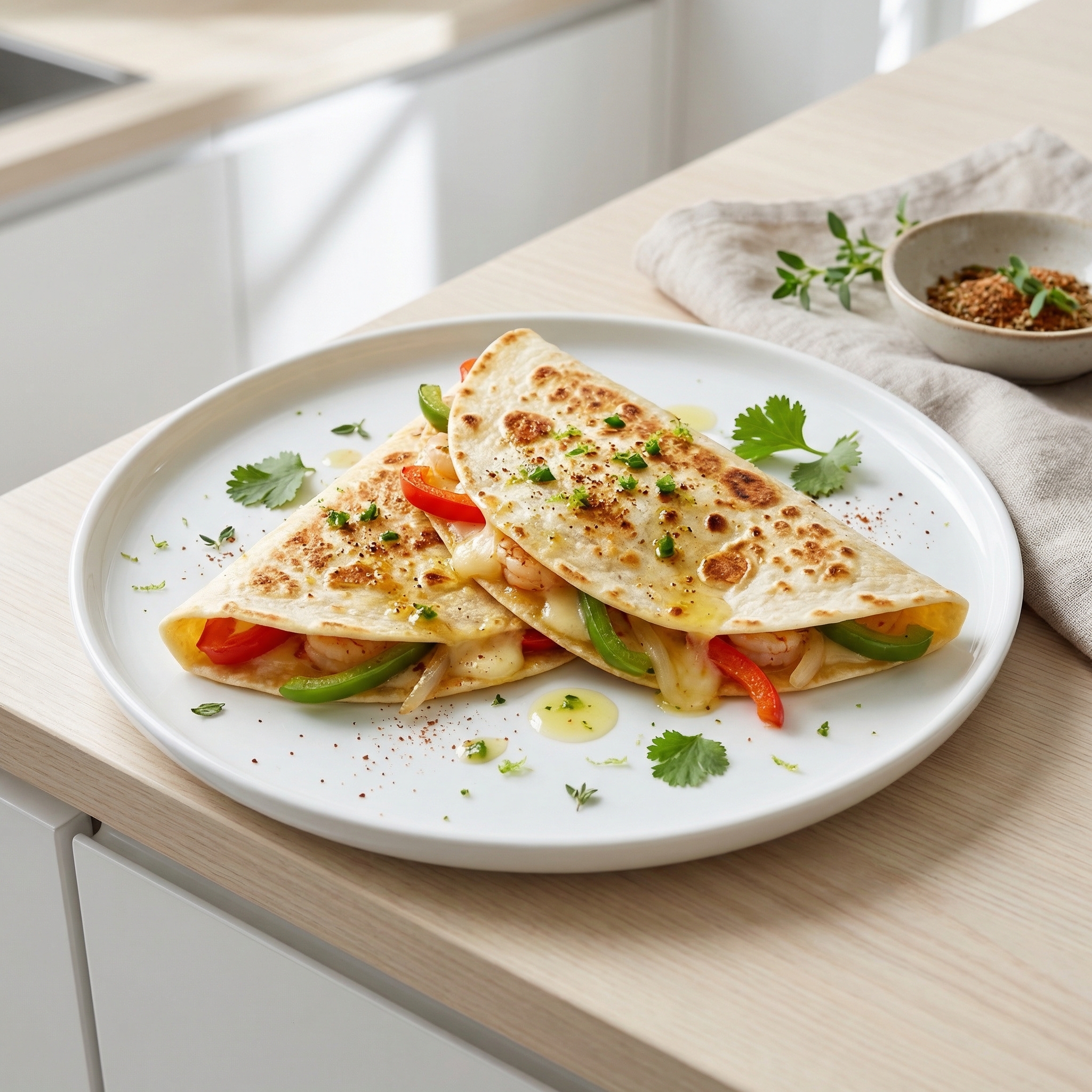 Cheesy Shrimp Quesadillas with Peppers and Onions