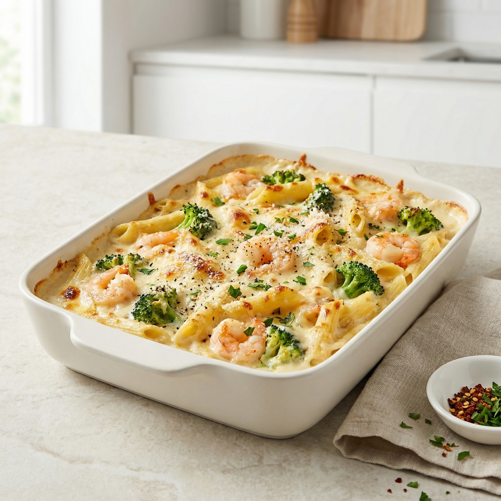 Shrimp Alfredo Broccoli Bake