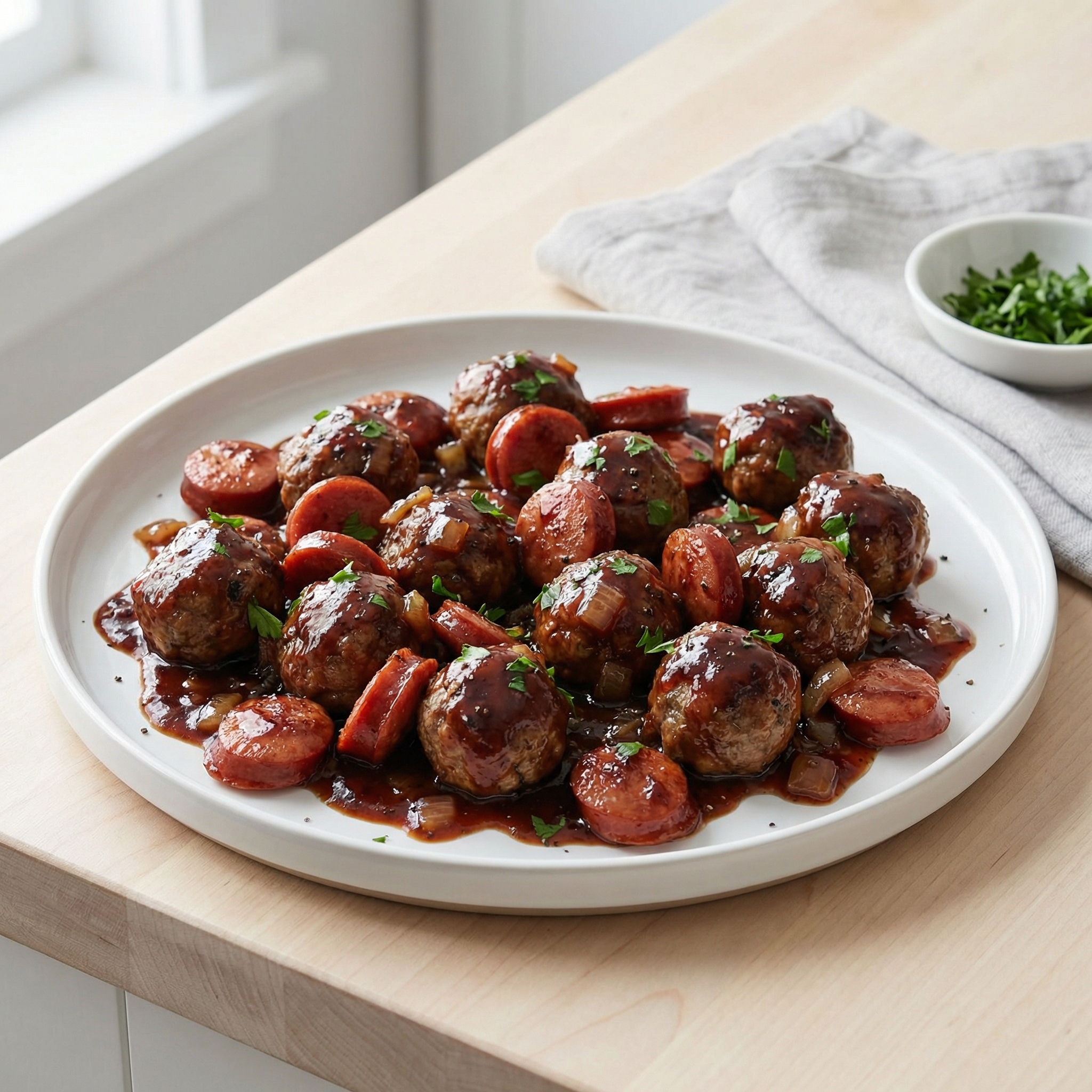 Slow Cooker BBQ Meatballs and Polish Sausage
