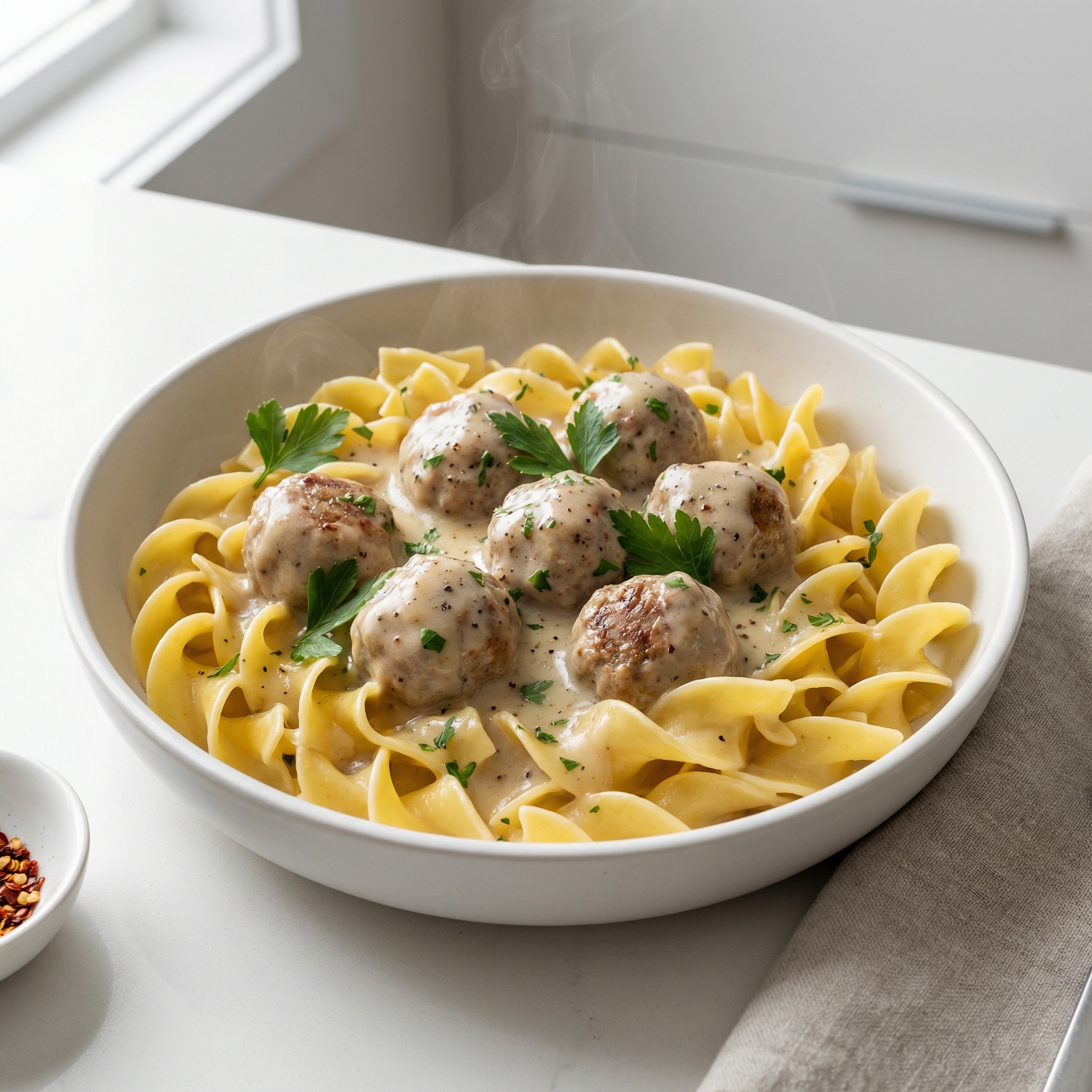 Anna's Amazing Easy Pleasy Meatballs over Buttered Noodles