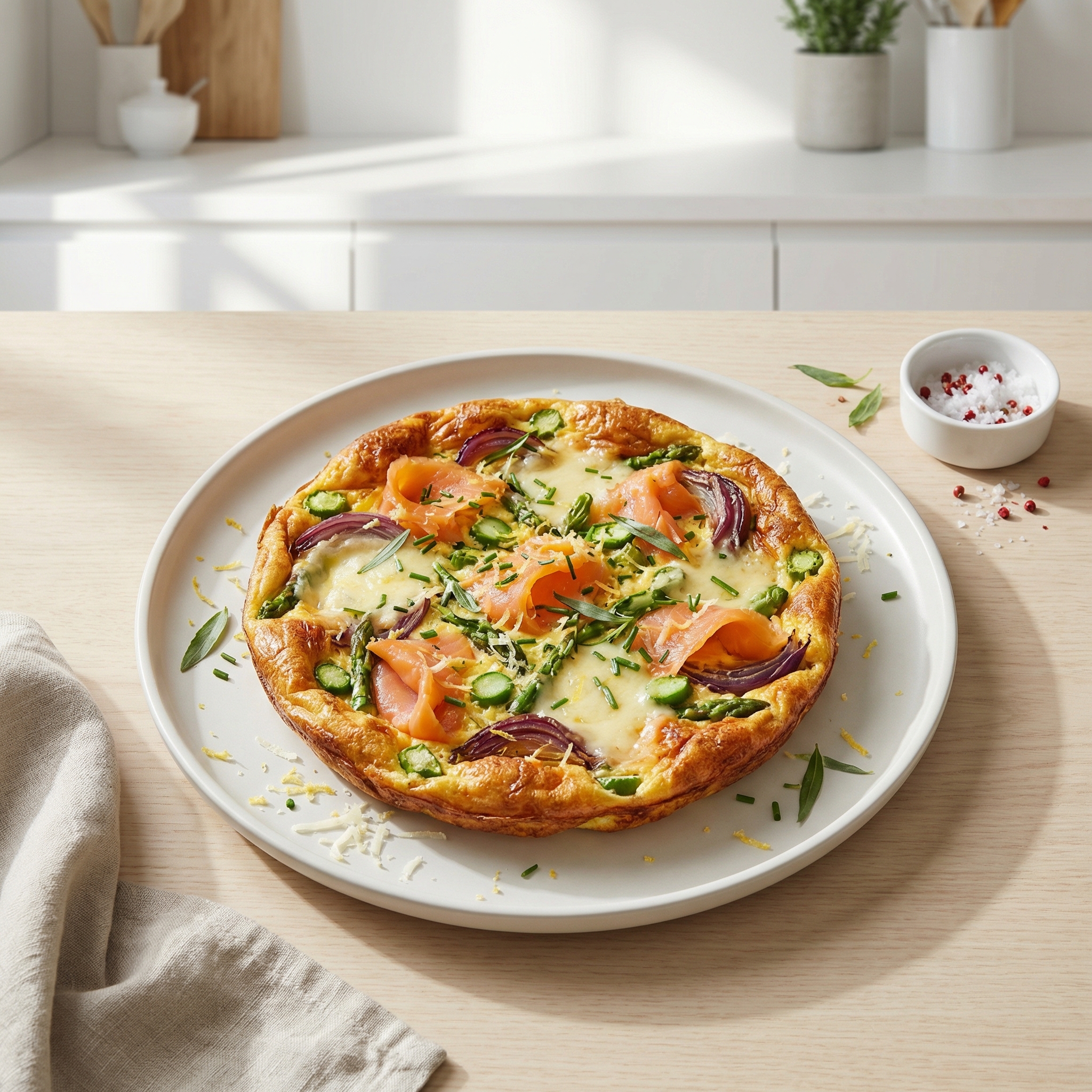Asparagus and Smoked Salmon Frittata with Gruyere