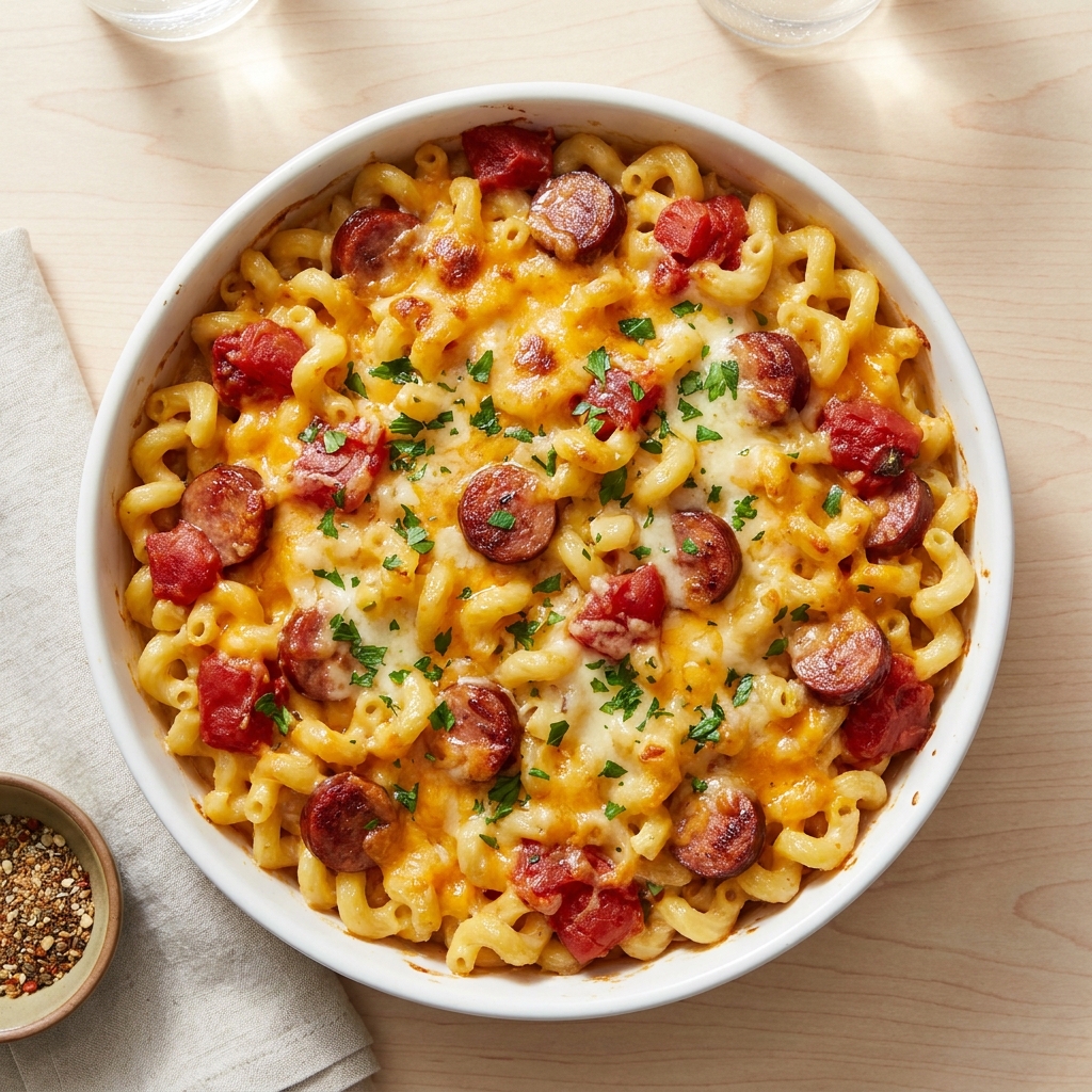 Smoked Sausage and Three-Cheese Mac Casserole