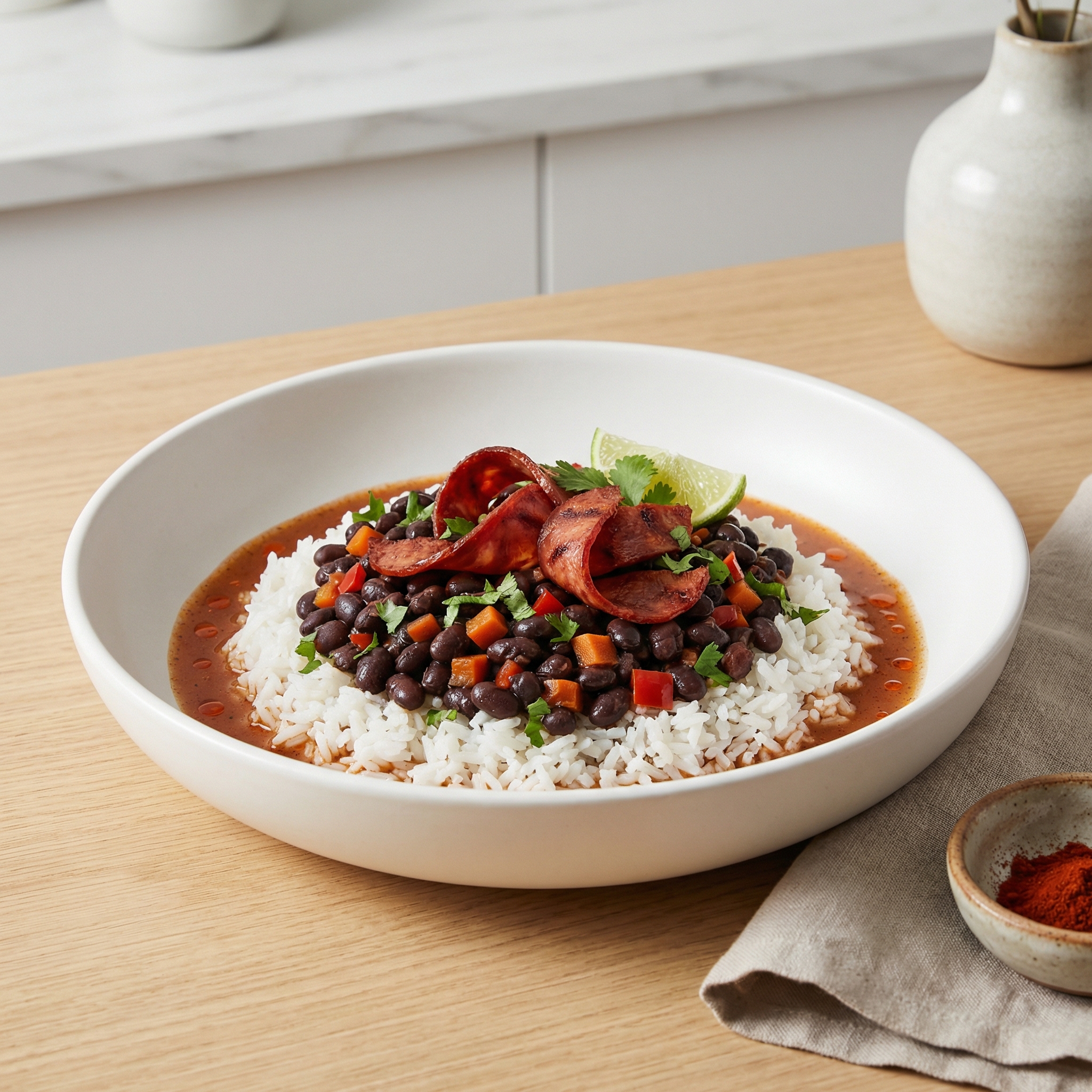 Island-Style Black Beans with Rice and Chorizo