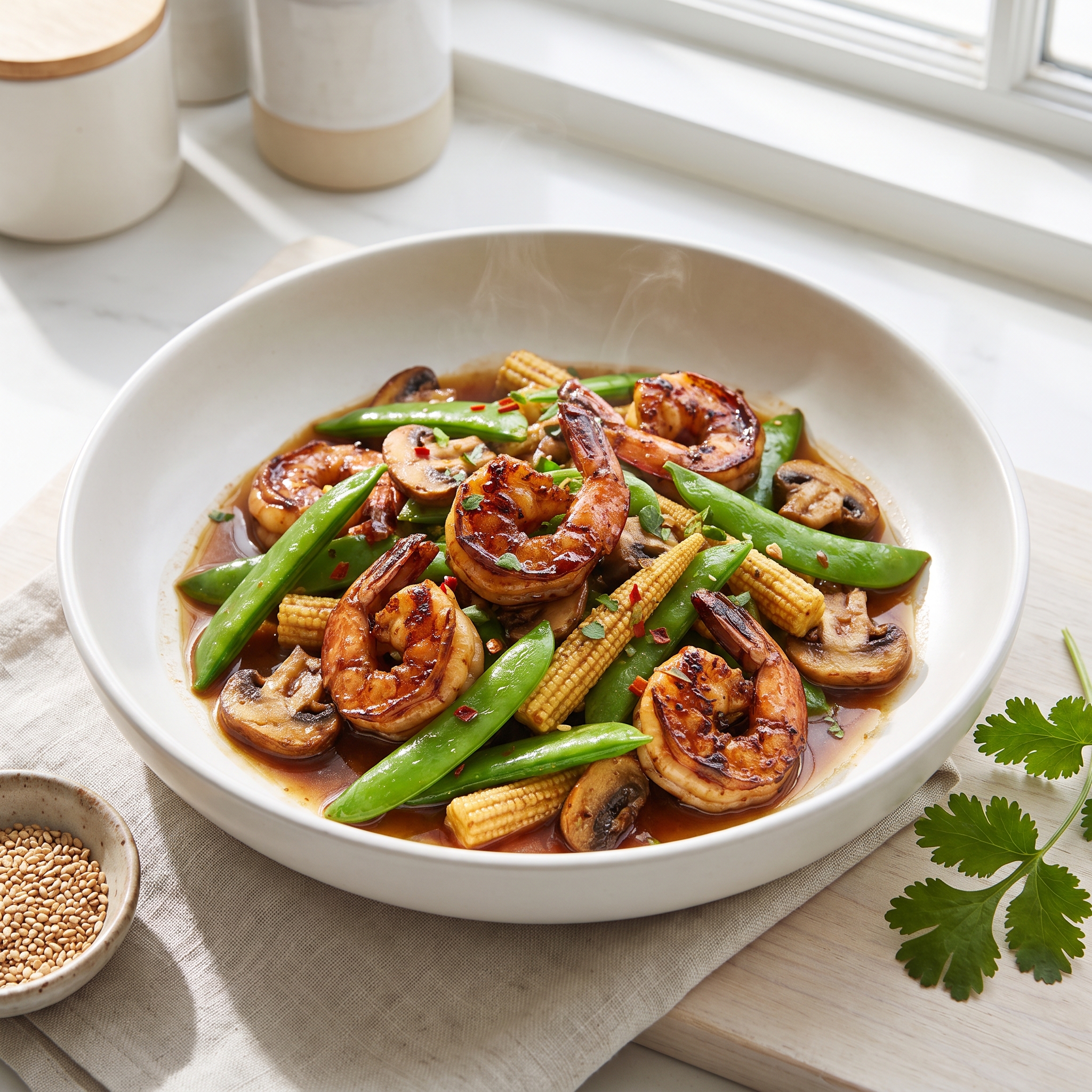 Snap Pea and Baby Corn Shrimp Stir-Fry