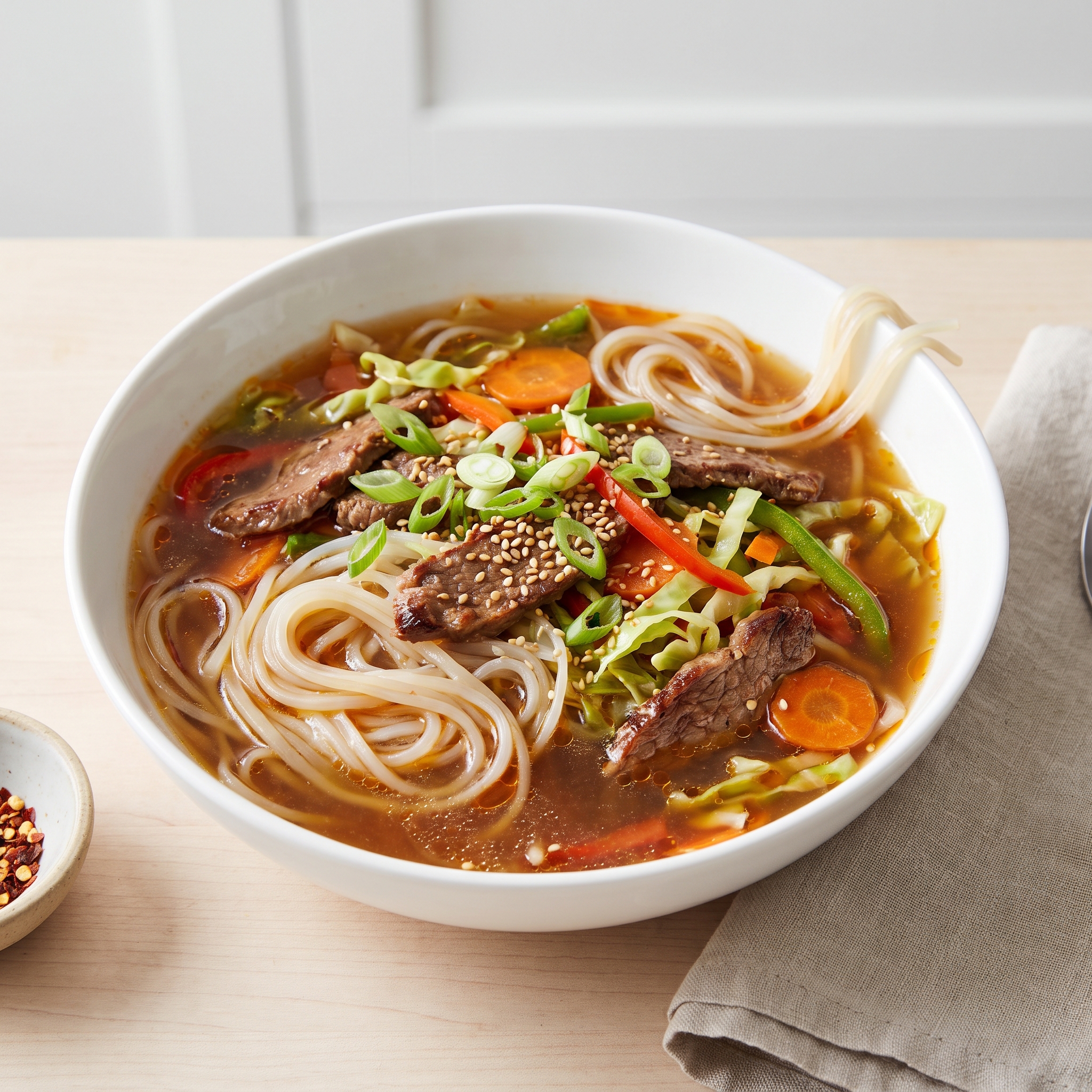 Spiced Ginger Beef Rice Noodle Soup