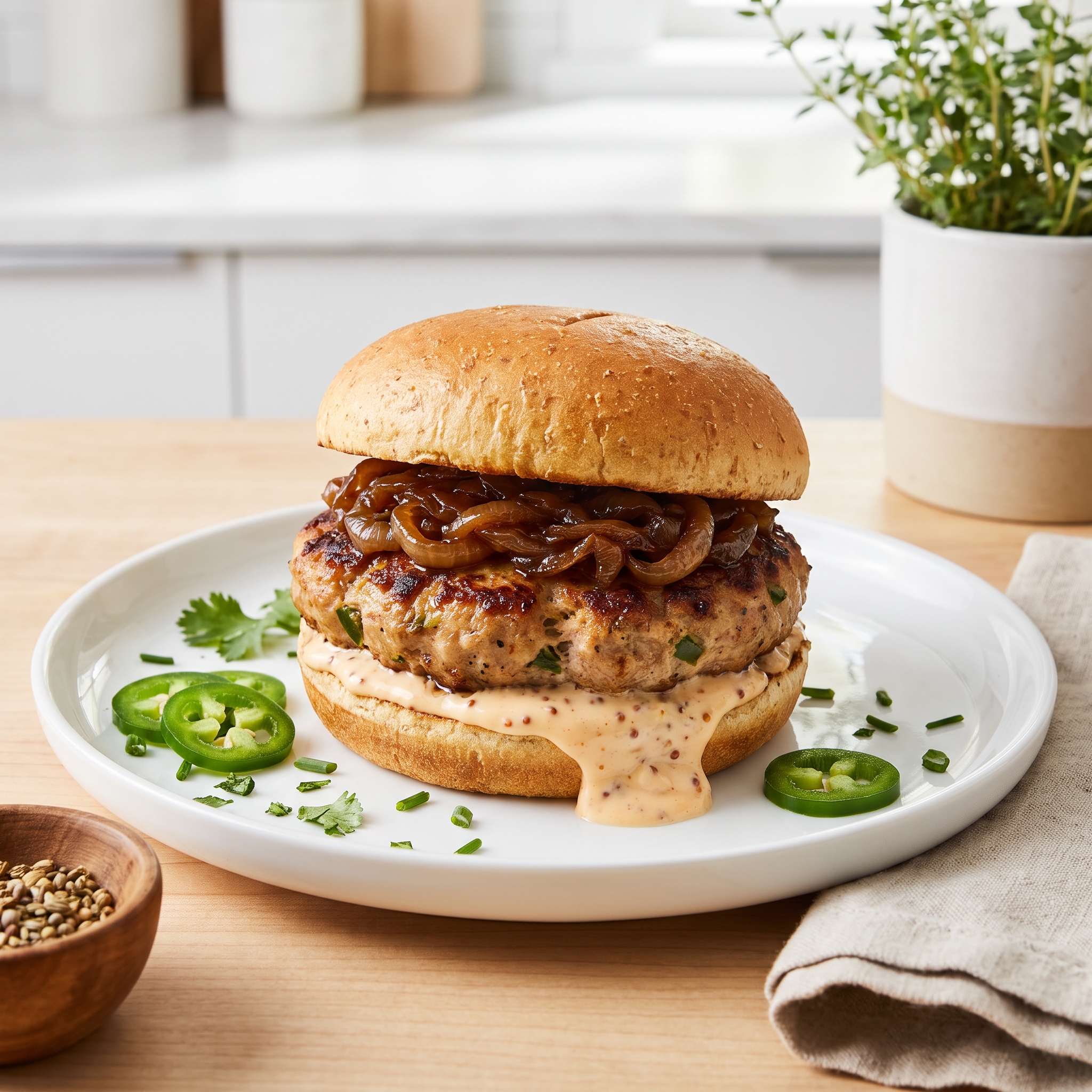 Spiced Turkey Burgers with Caramelized Onions and Hot Honey-Mustard Mayo