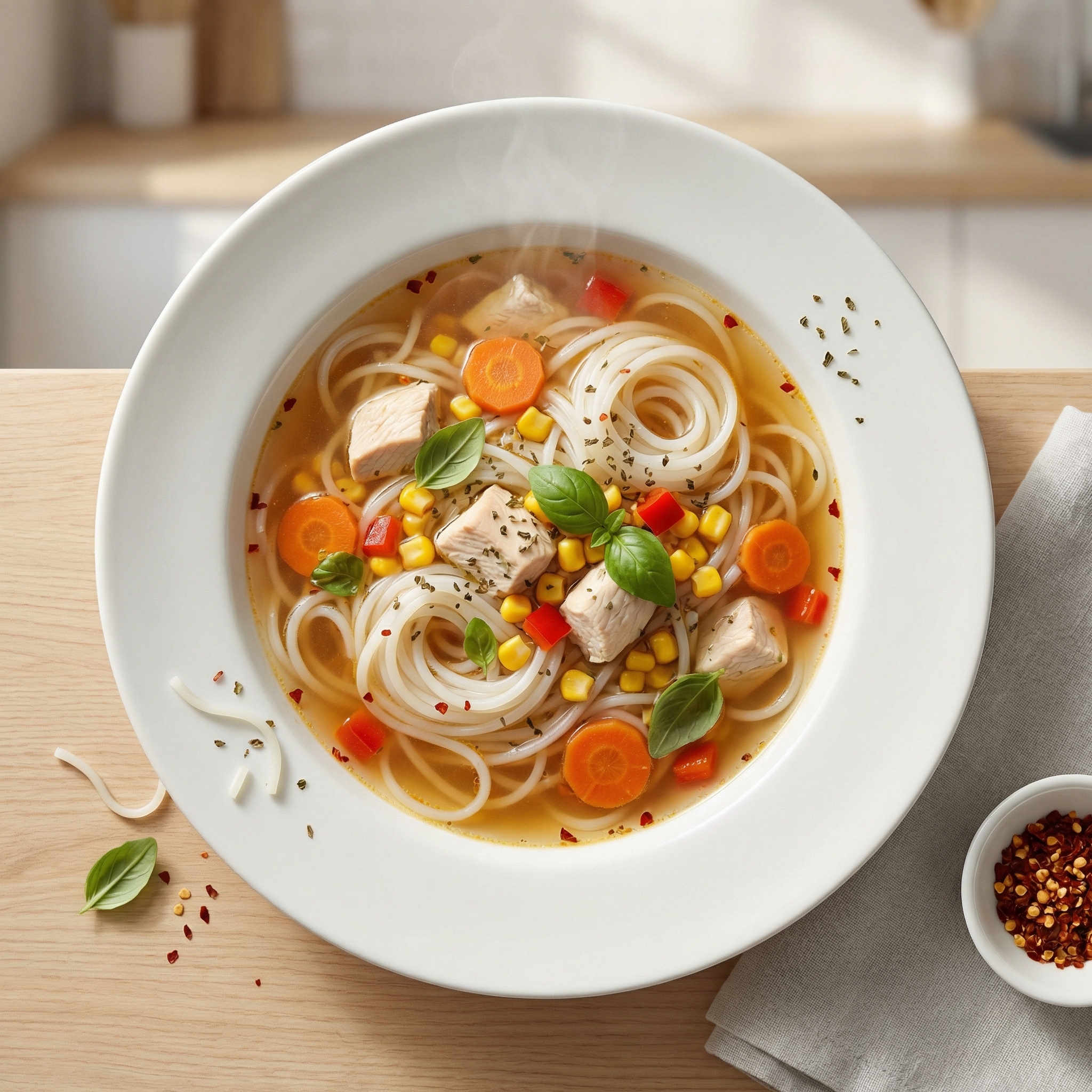Fiery Chicken Rice Noodle Soup