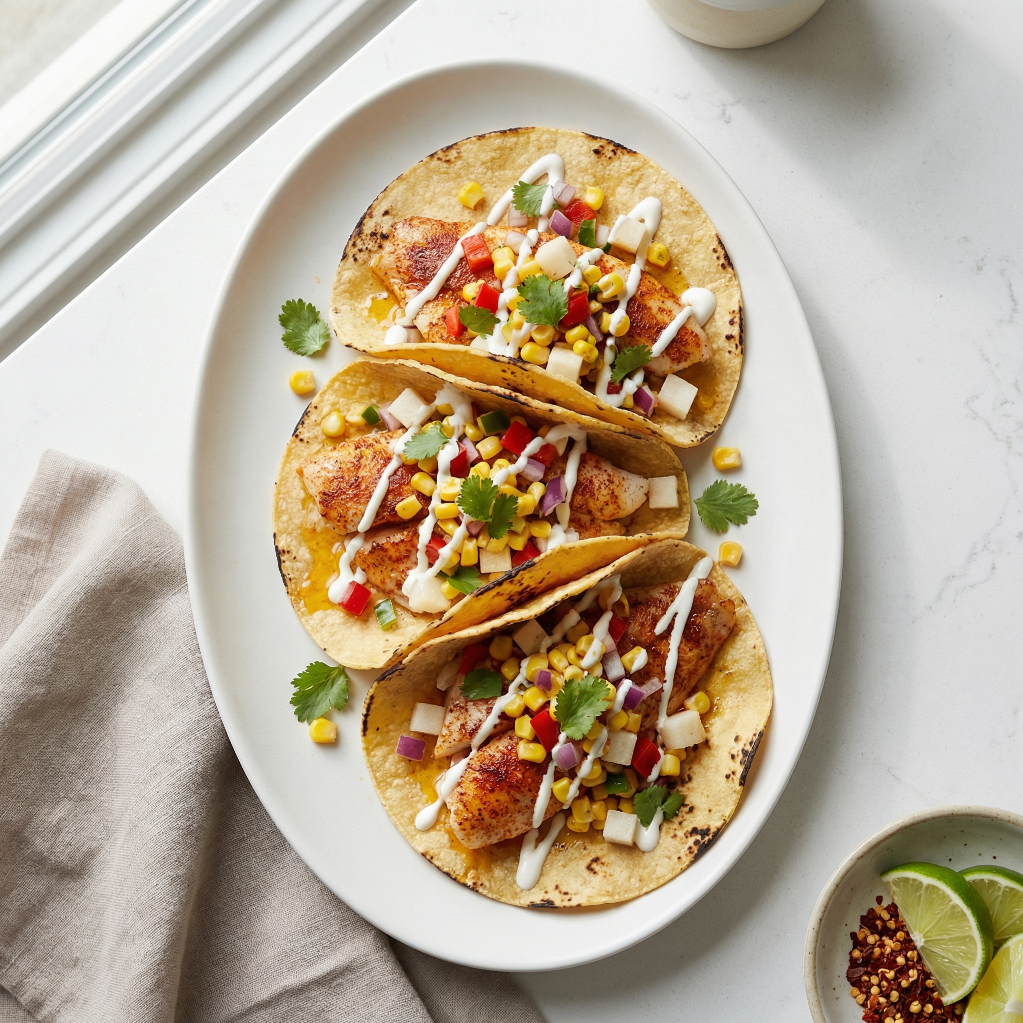 Spiced Fish Tacos with Crisp Corn-Jicama Salsa