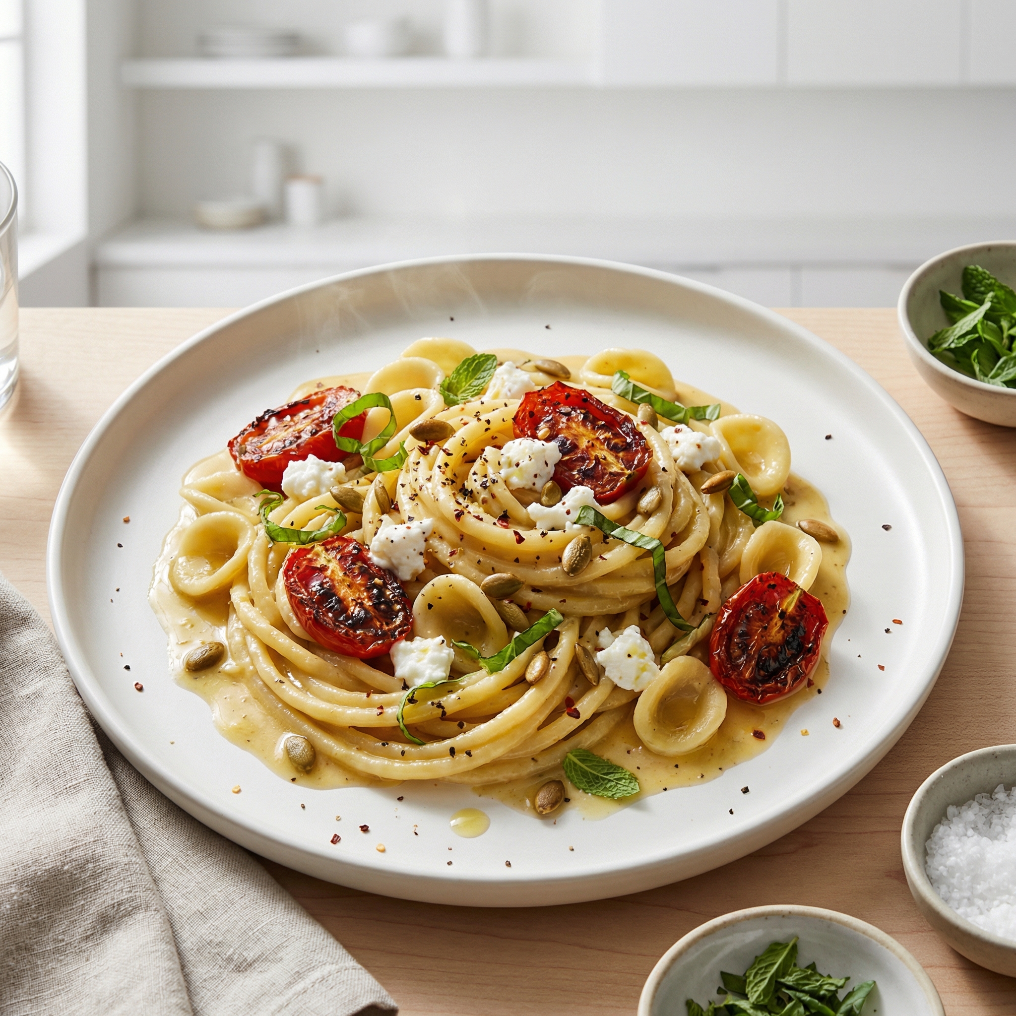 Gemelli with Spiced Pumpkin Seeds and Goat Cheese