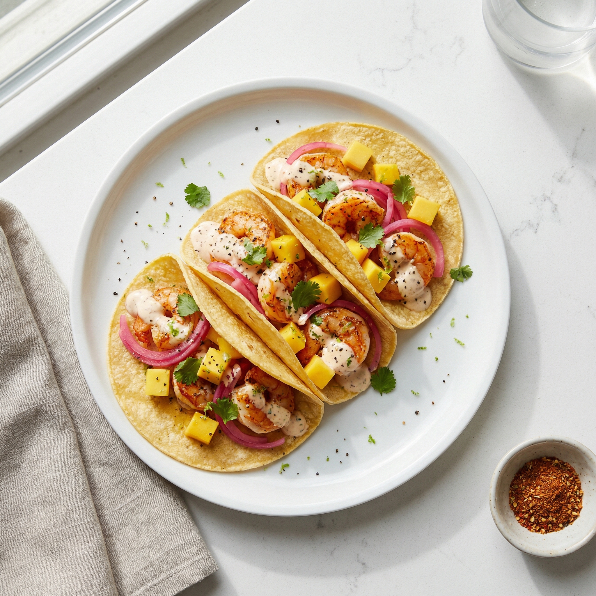 Chili-Lime Shrimp Tacos with Mango and Sriracha Ranch