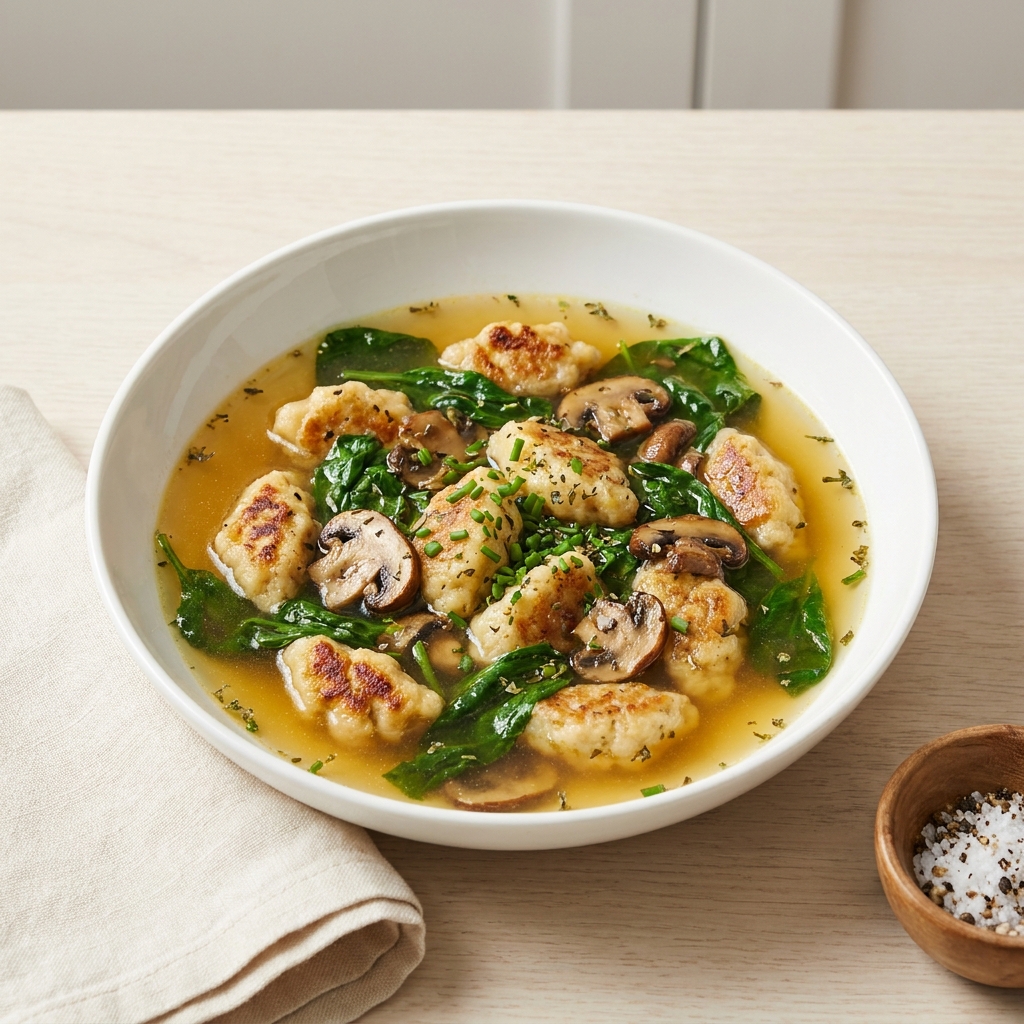Spinach–Mushroom Soup with Herbed Spaetzle