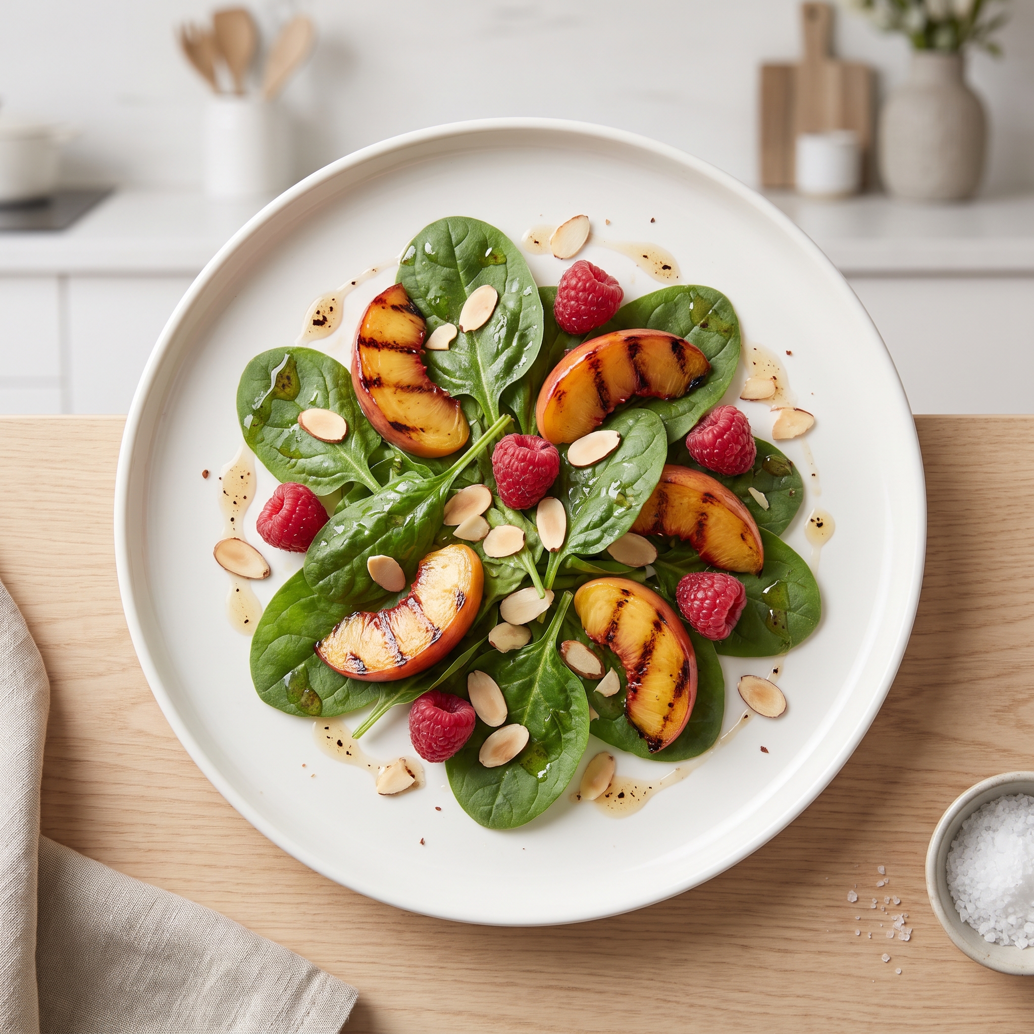 Spinach Salad with Grilled Peaches and Raspberries