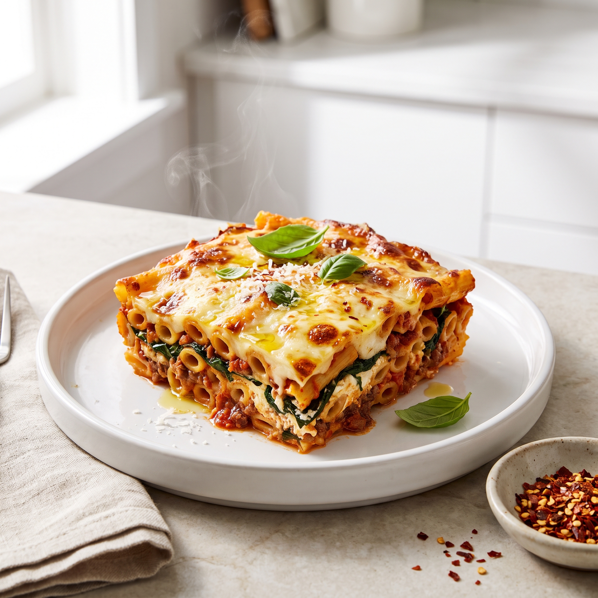 Spinach and Beef Baked Ziti Casserole