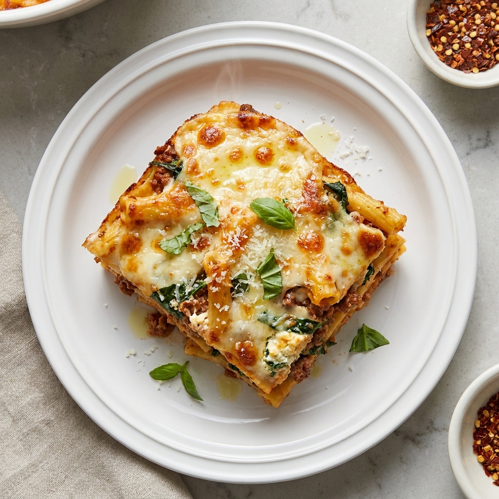 Spinach and Beef Baked Ziti Casserole