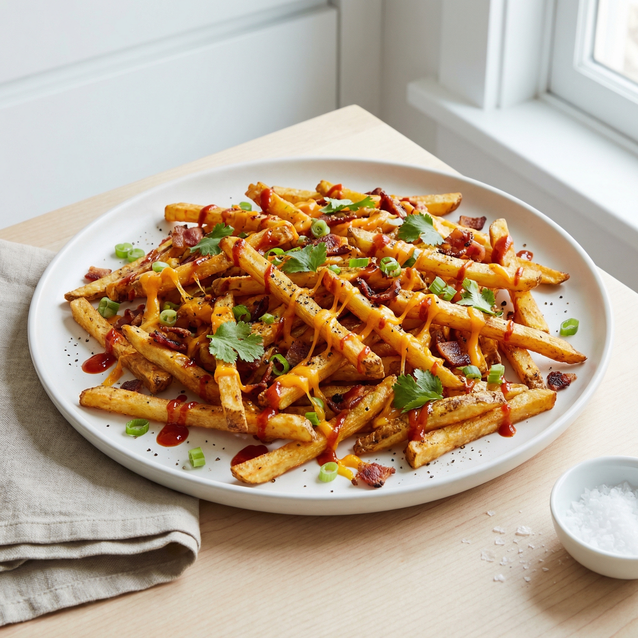Sriracha-Loaded Cheddar Bacon Fries