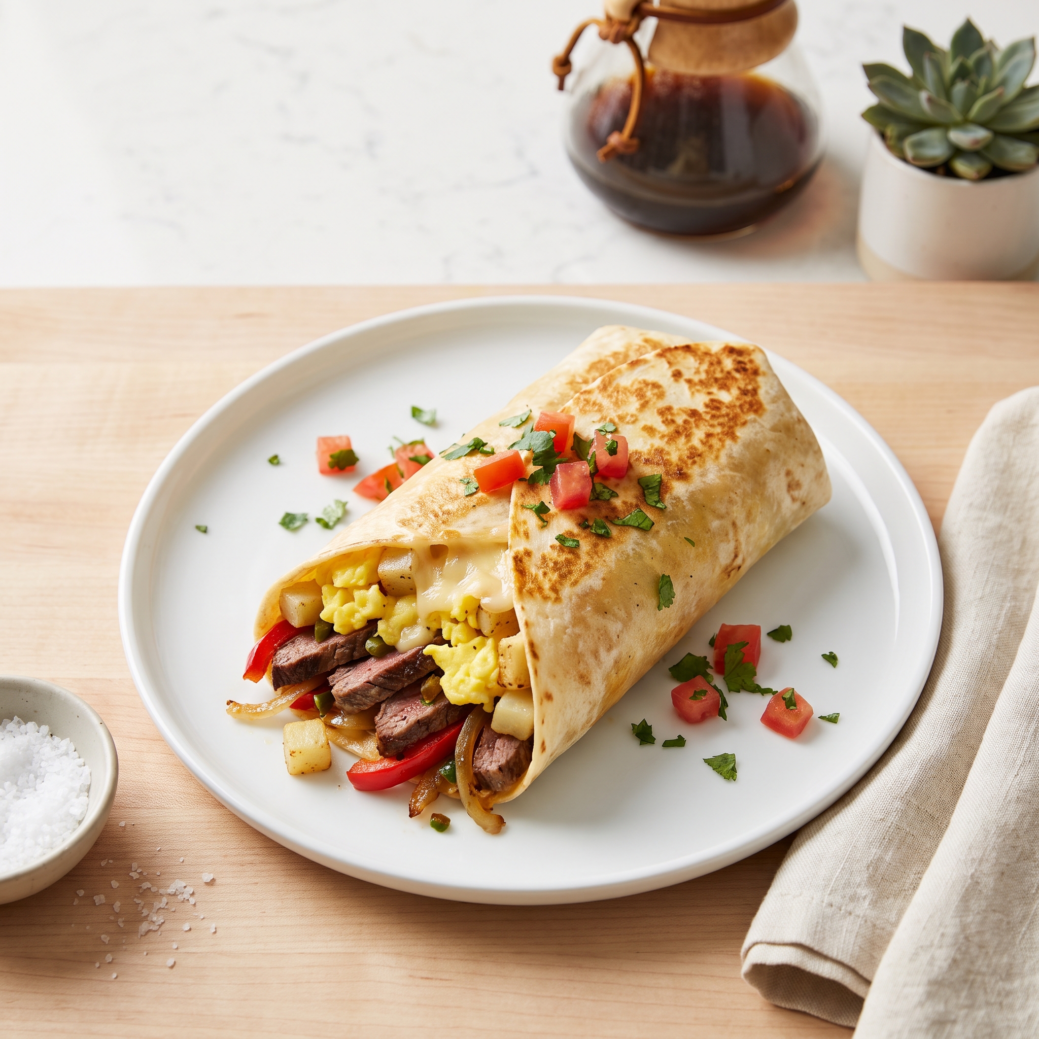Steak and Egg Breakfast Burrito with Carne Asada