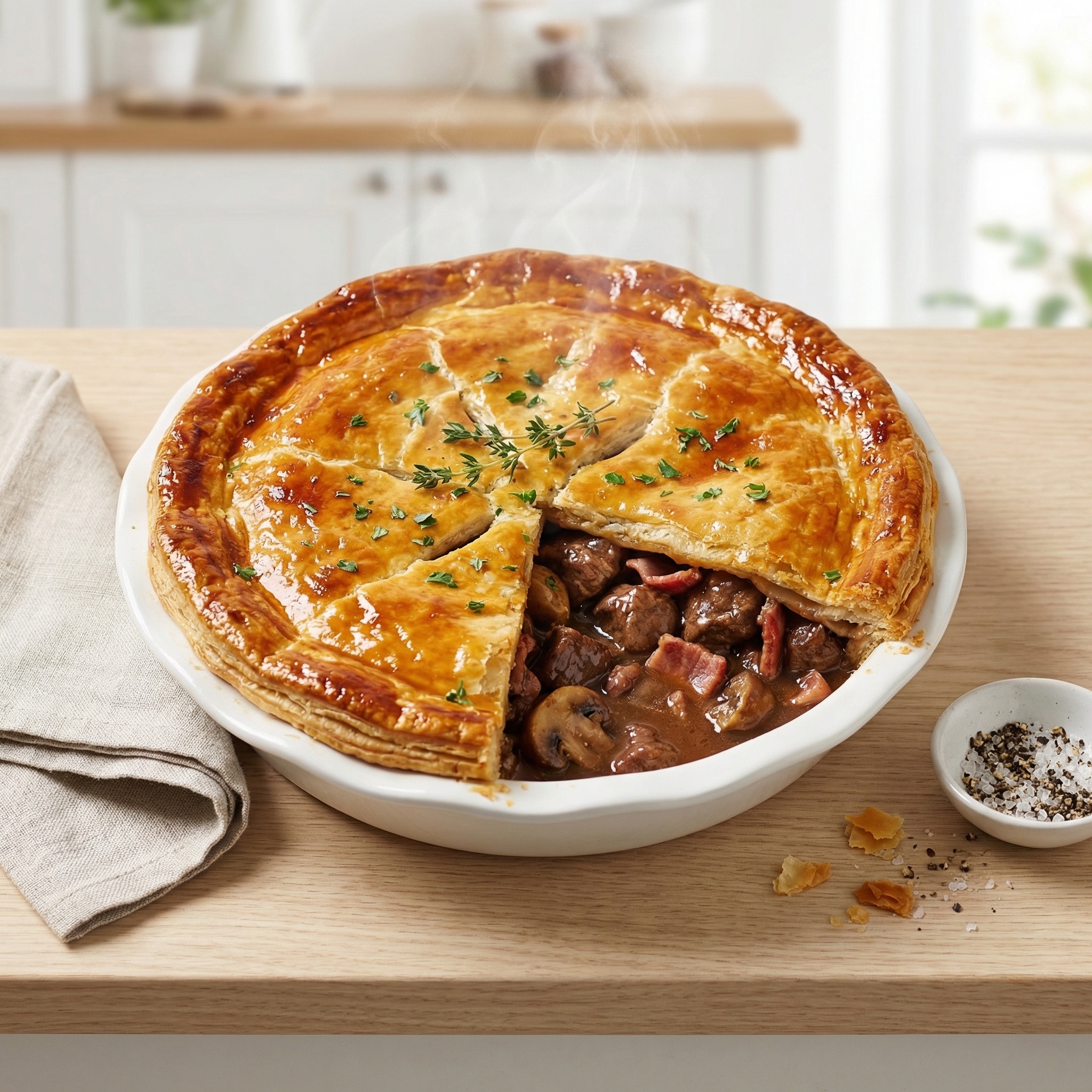 Steak and Kidney Pie with Bacon and Mushrooms