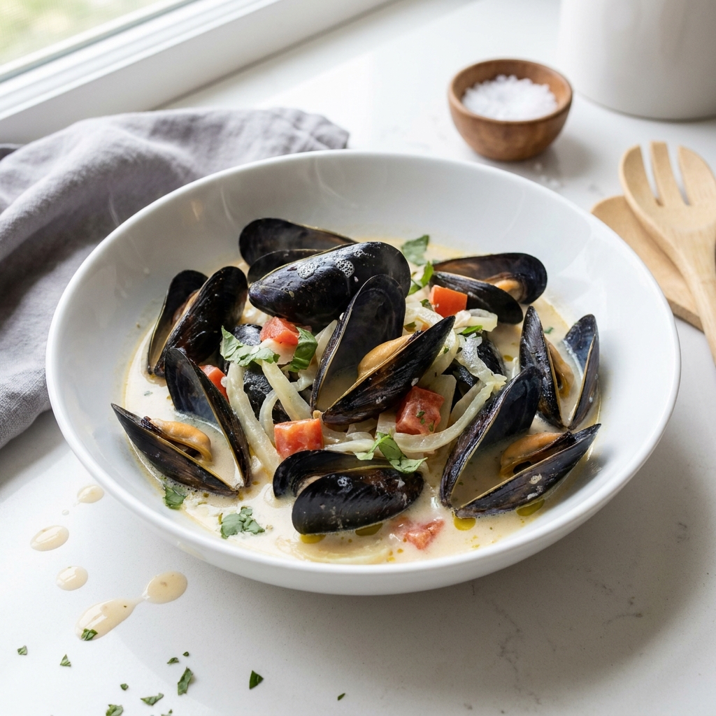 Steamed Mussels with Fennel, Tomatoes, Ouzo, and Cream