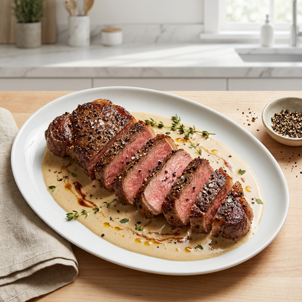 Strip Steaks with Creamy Peppercorn Pan Sauce