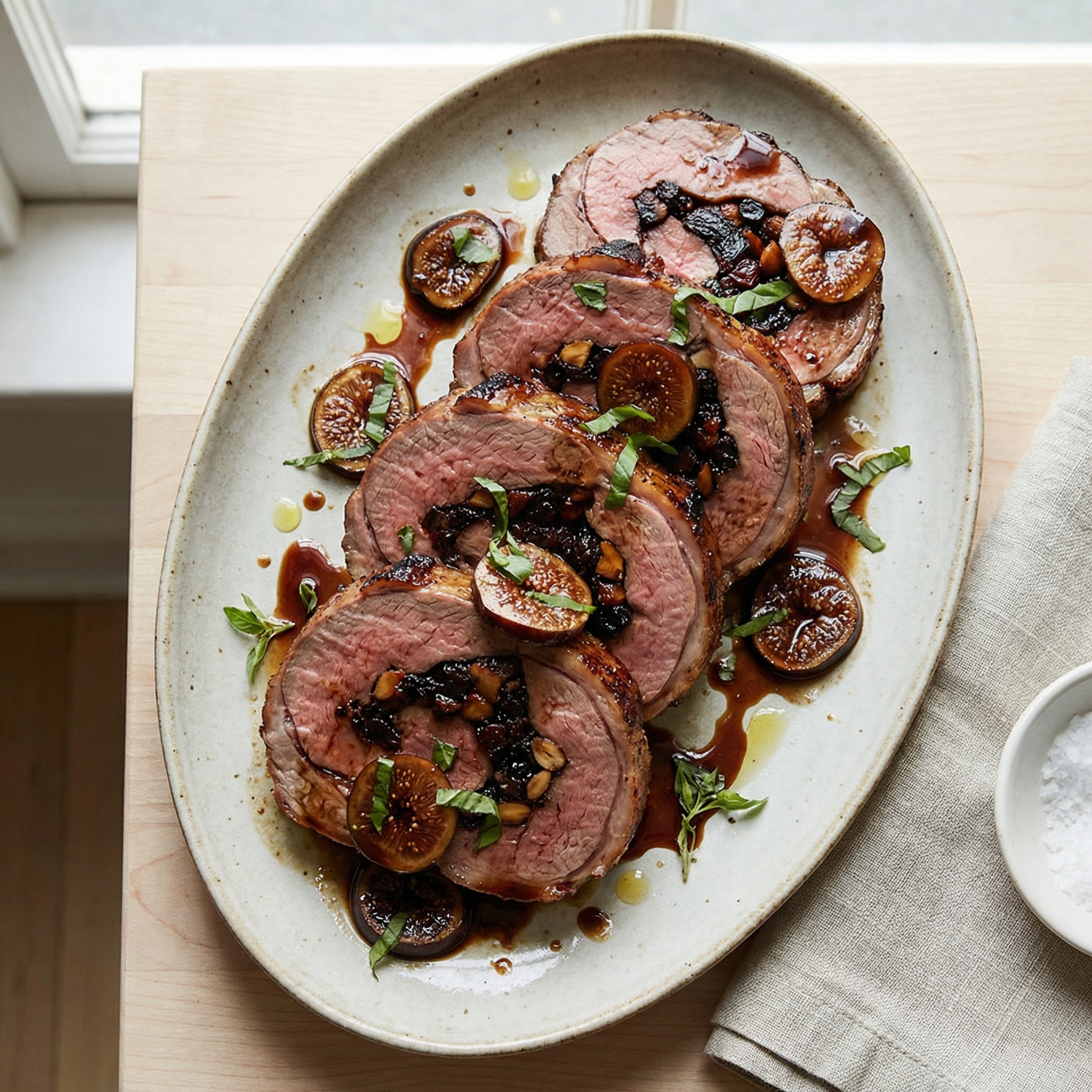 Rolled Leg of Lamb with Balsamic Fig–Basil Sauce