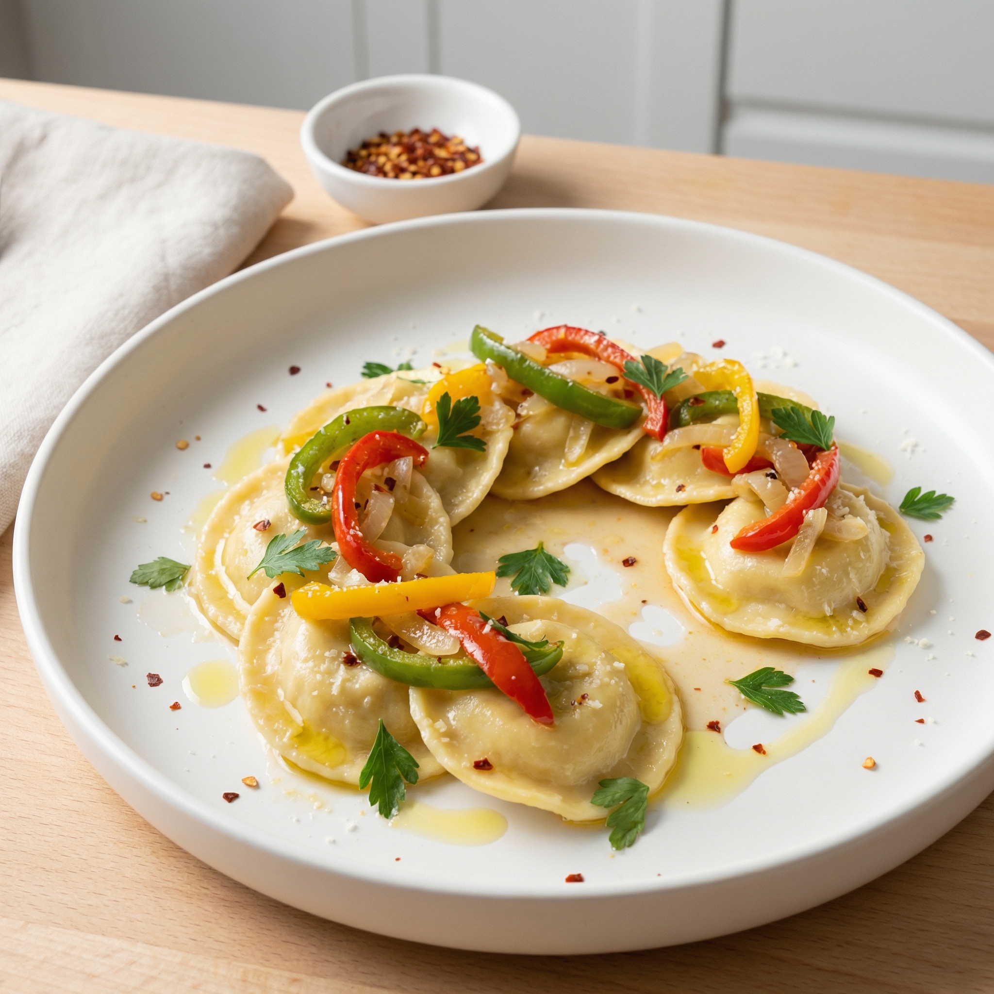 Cheese Ravioli with Three Pepper Topping