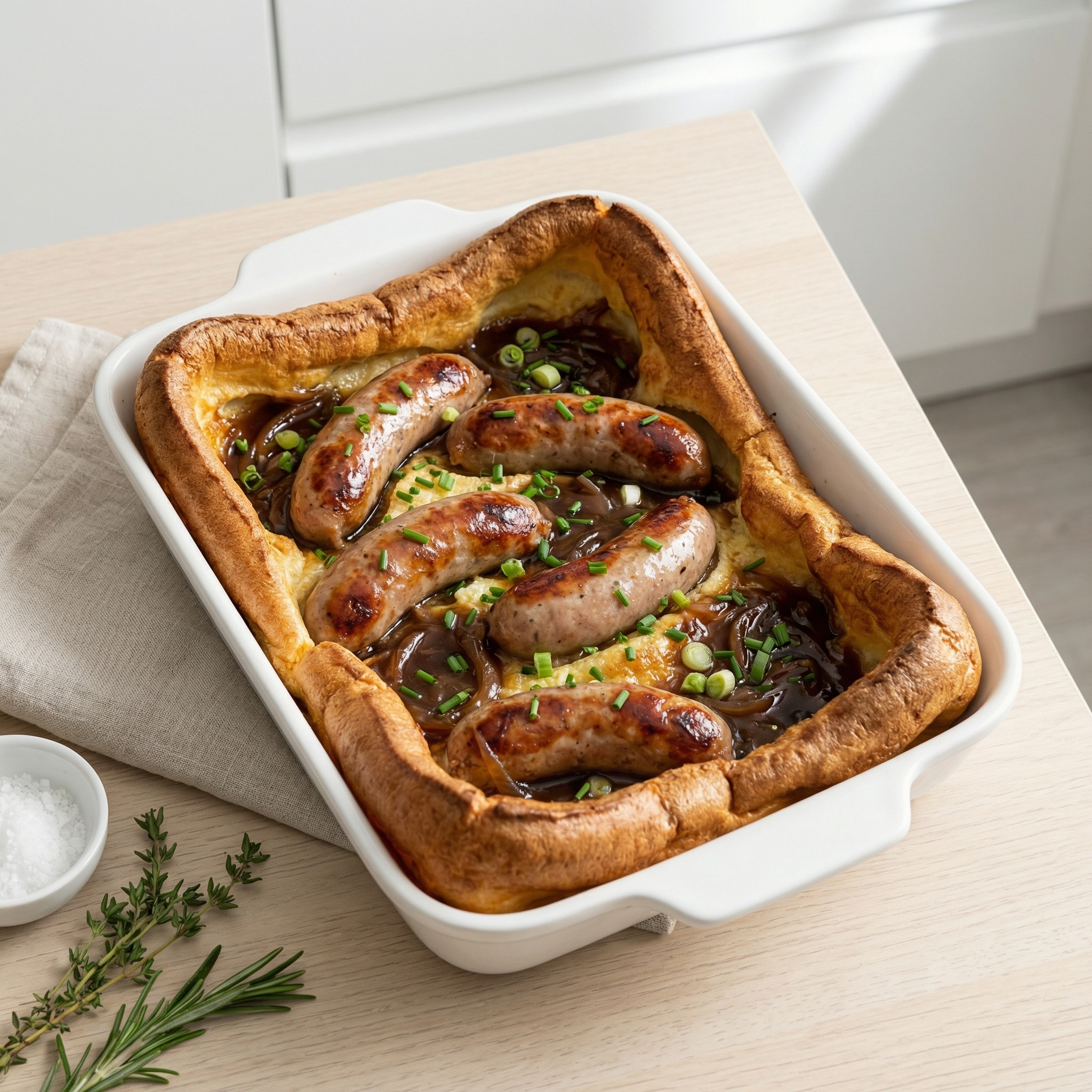 Yorkshire-Style Sausages in Batter with Onion Gravy