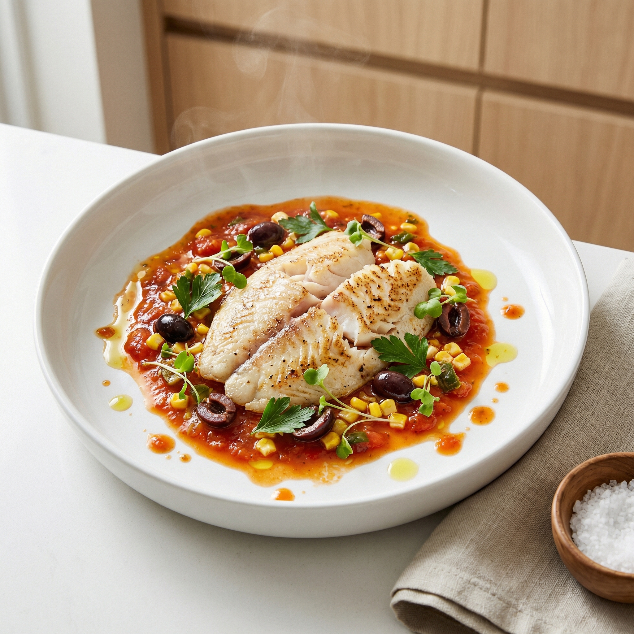 Tilapia with Tomatoes, Black Olives and Corn