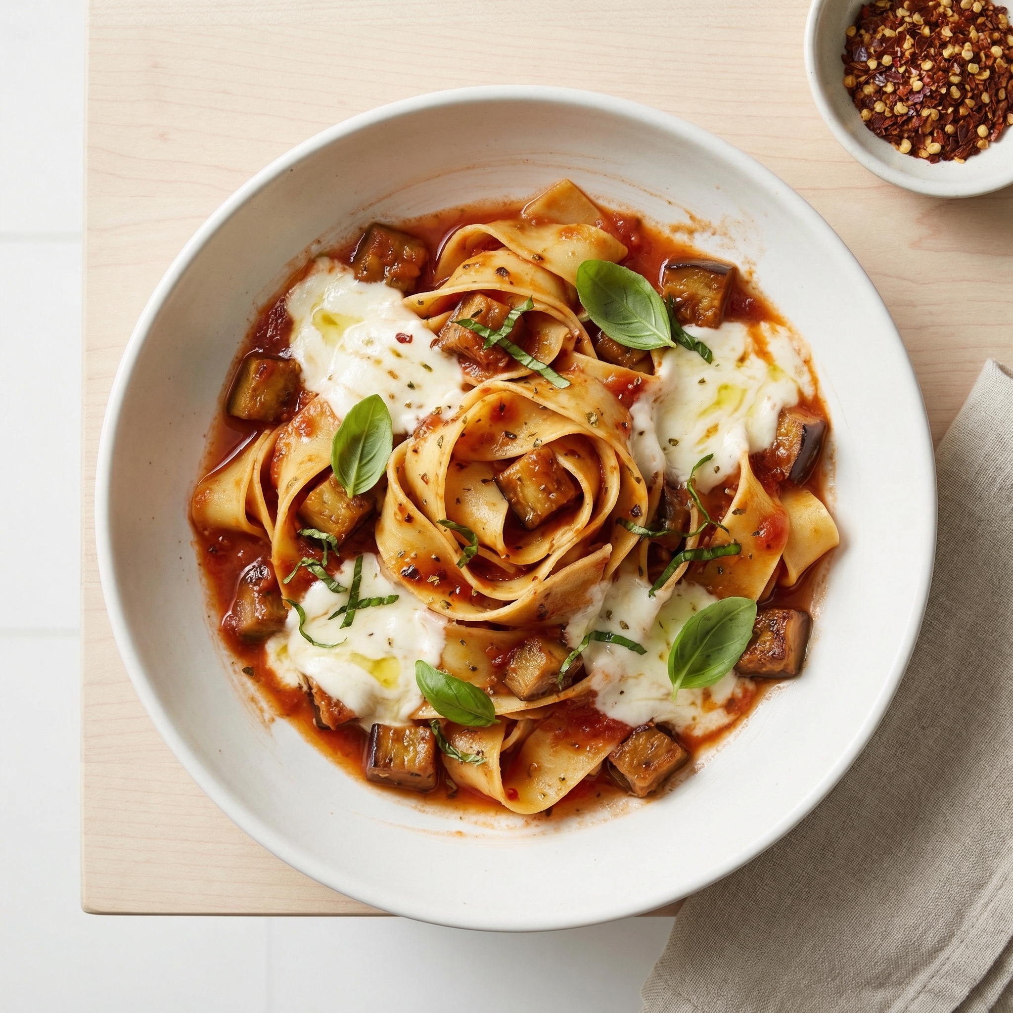 Eggplant Pappardelle with Tomato, Oregano, and Mozzarella