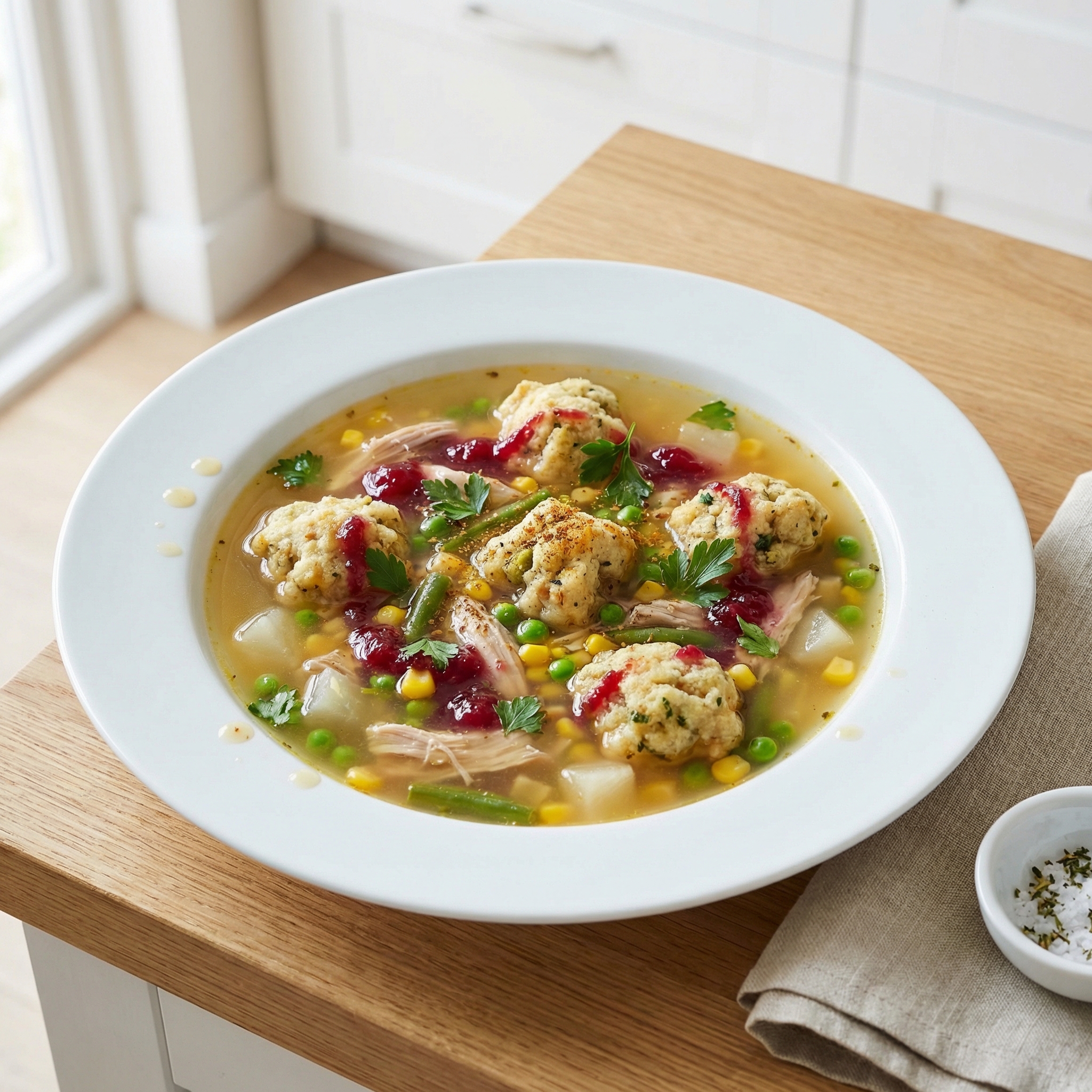 Turkey Soup with Stuffing Dumplings
