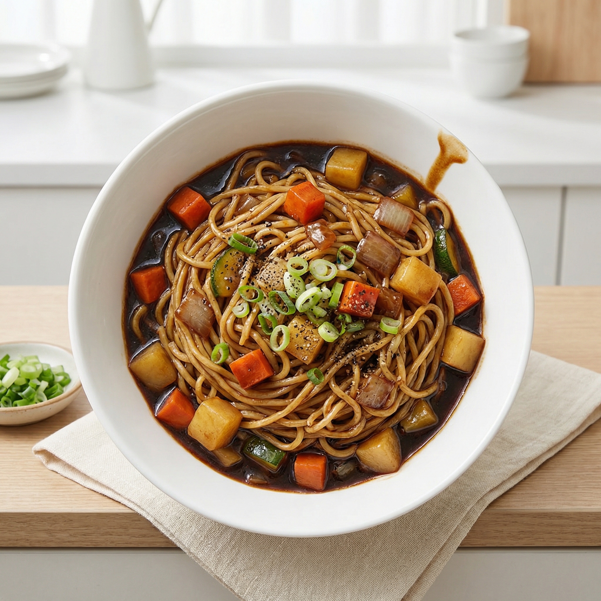 Vegetarian Korean Black Bean Noodles (Jajangmyeon)