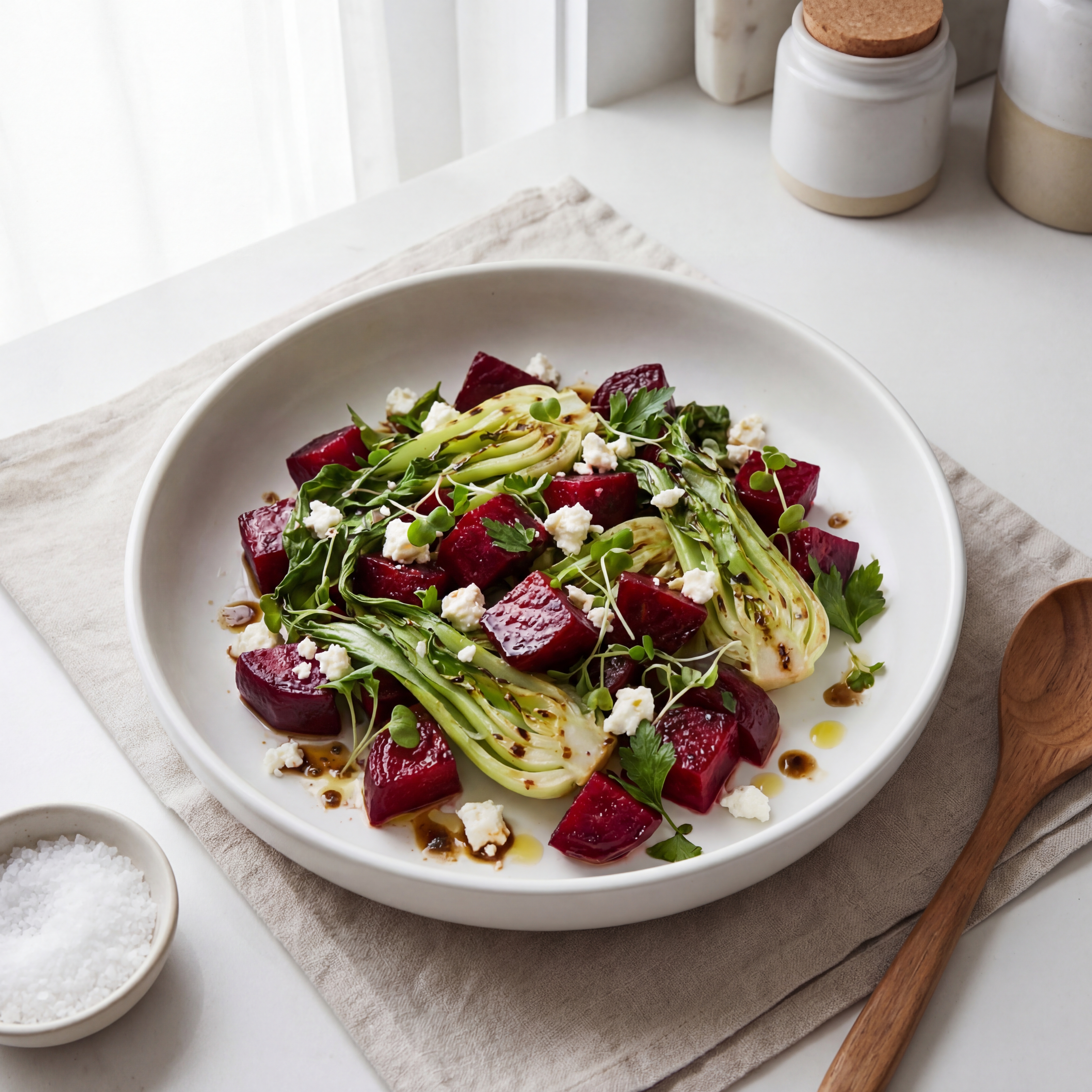 Warm Bok Choy, Beet and Feta Salad