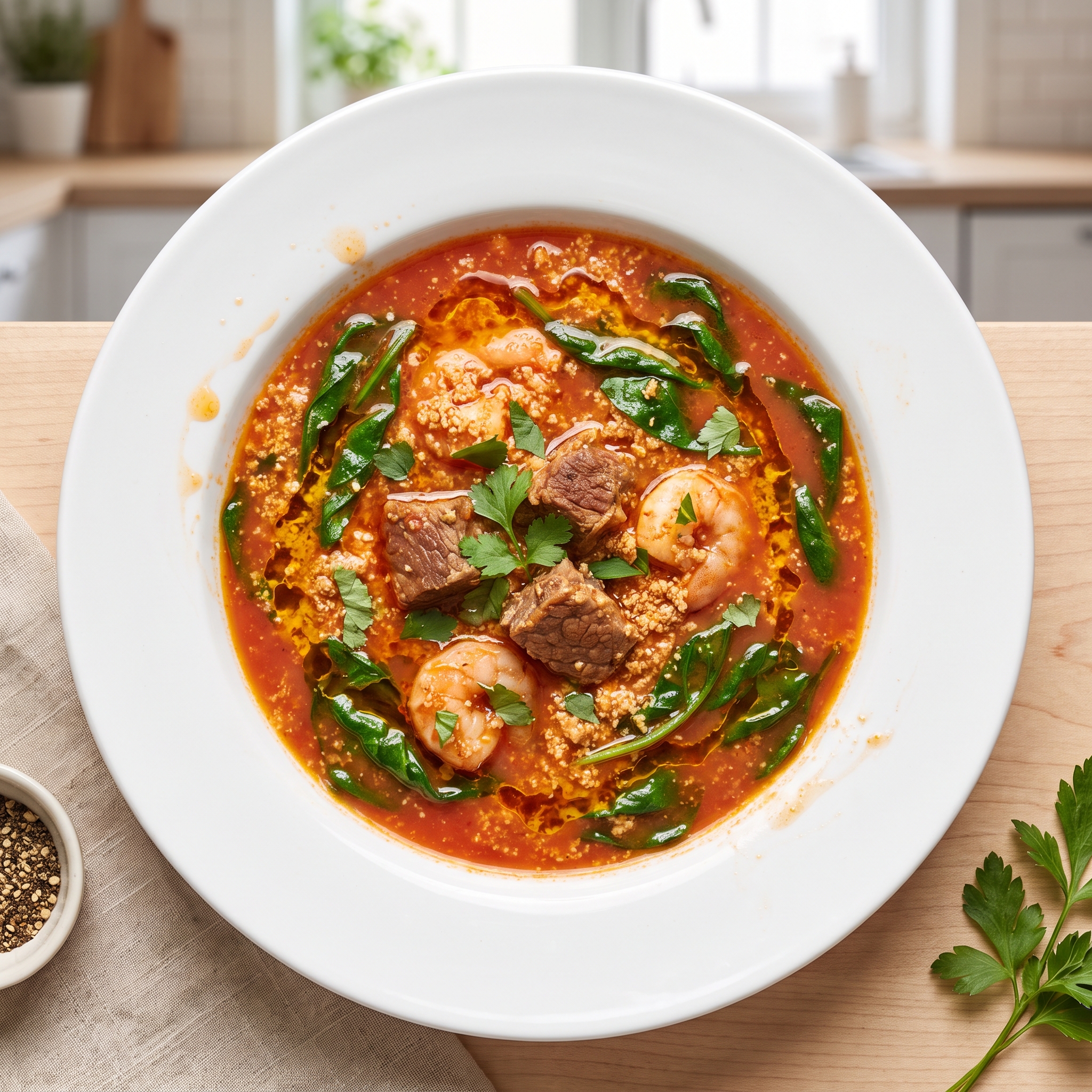 West African Egusi Stew with Beef, Shrimp, and Spinach