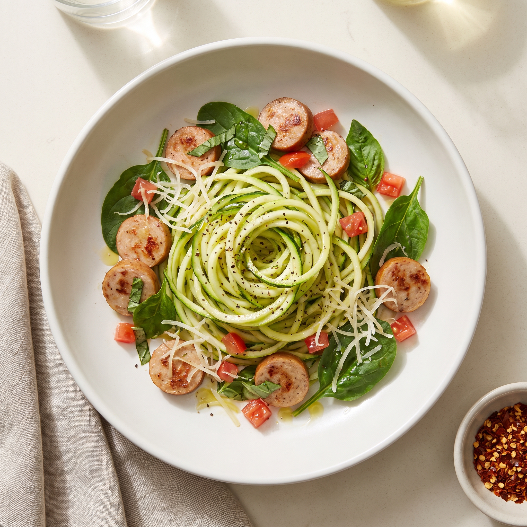 Zoodle Medley with Summer Veggies and Sweet Pepper Chicken Sausage
