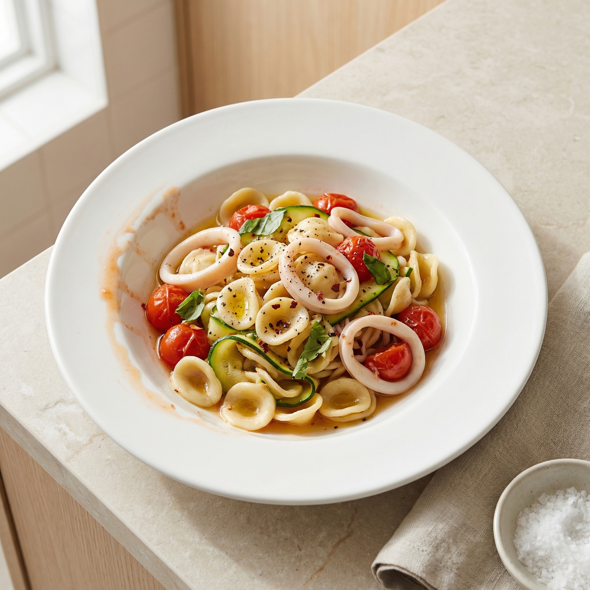 Pasta con Seppioline e Zucchine alla Julienne (Zucchini and Calamari Pasta)