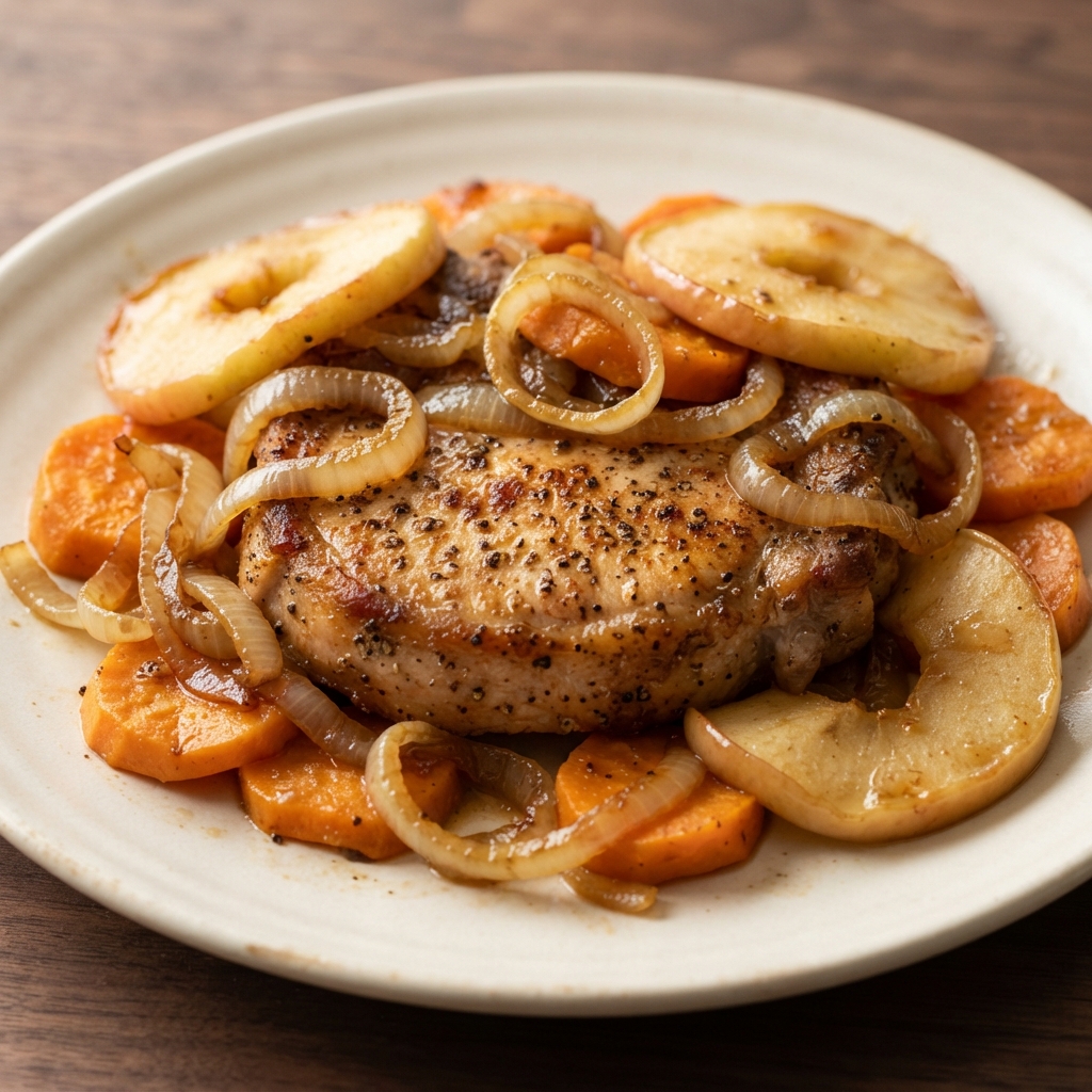 Baked Pork Chops with Apples, Onions & Sweet Potatoes
