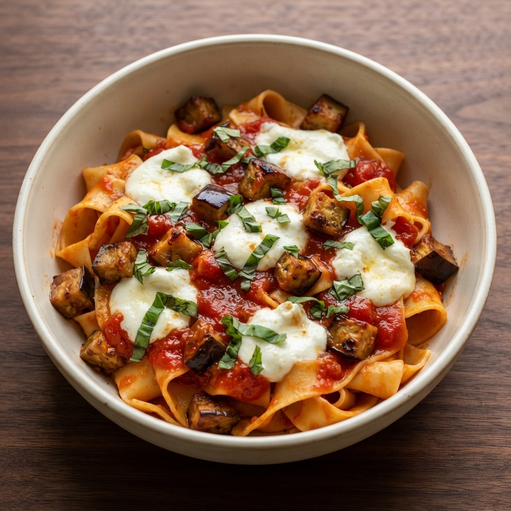 Eggplant Pappardelle with Tomato, Oregano, and Mozzarella